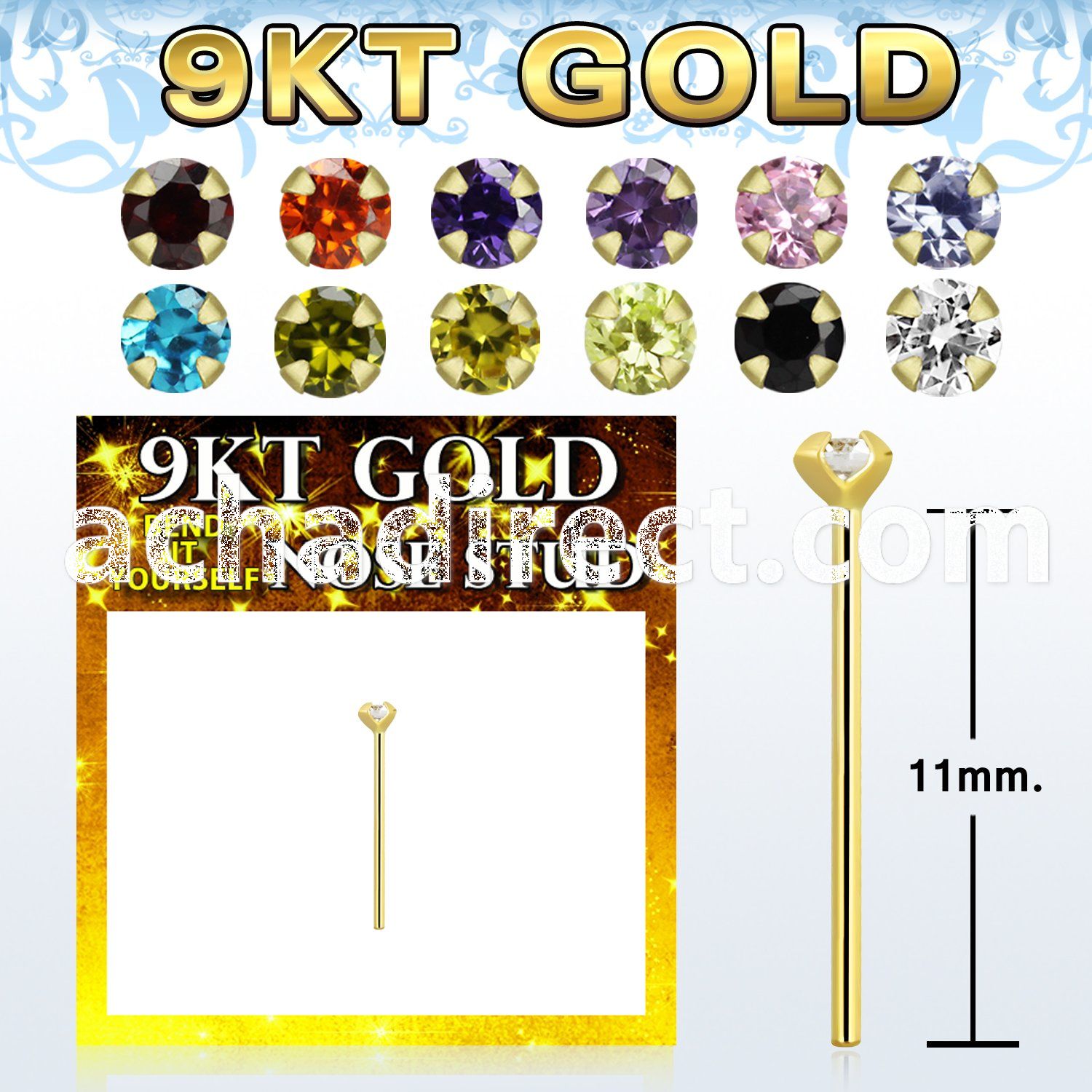 g9yczm1 9kt gold bend it nose stud w 1.5mm round cz stone