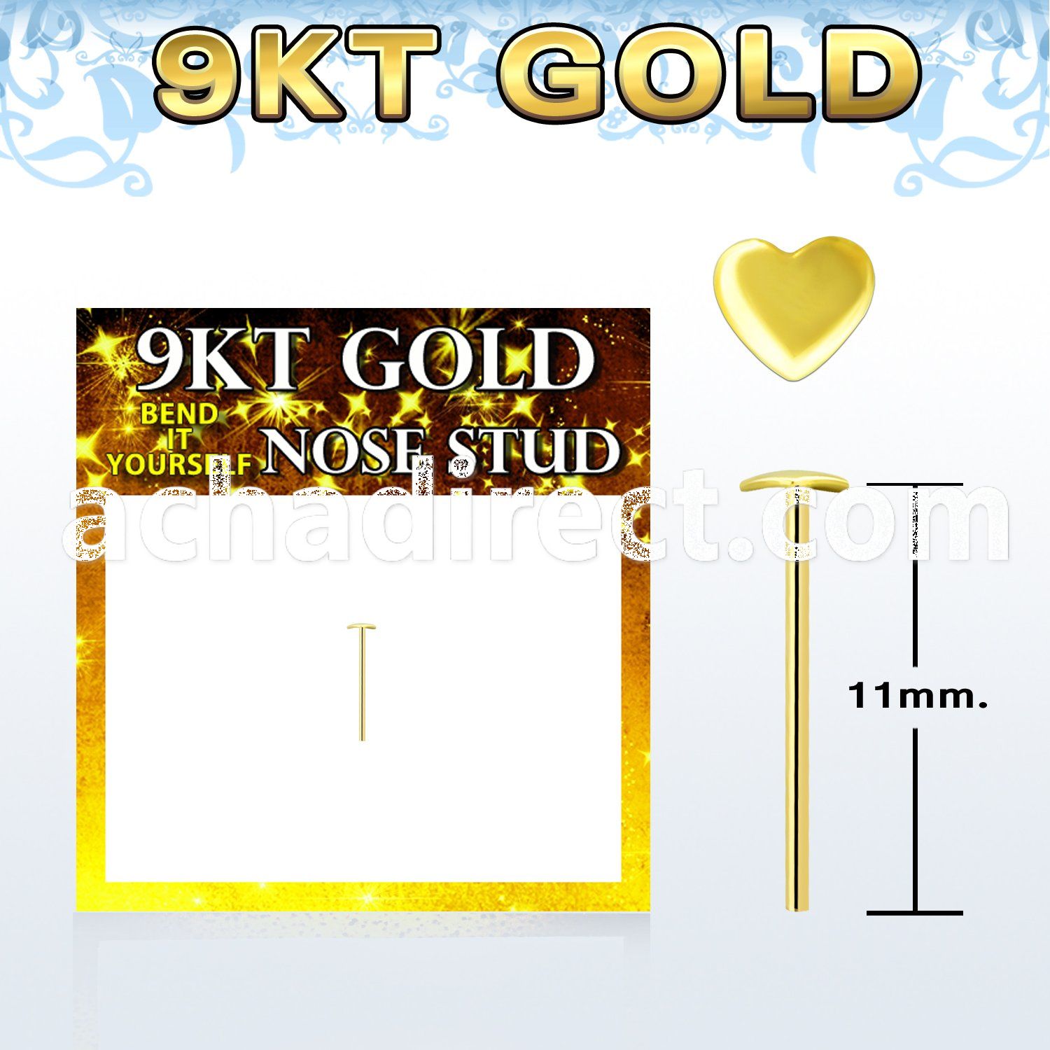 g9ysht 9kt gold bend it nose stud w a 2.5mm heart shaped top