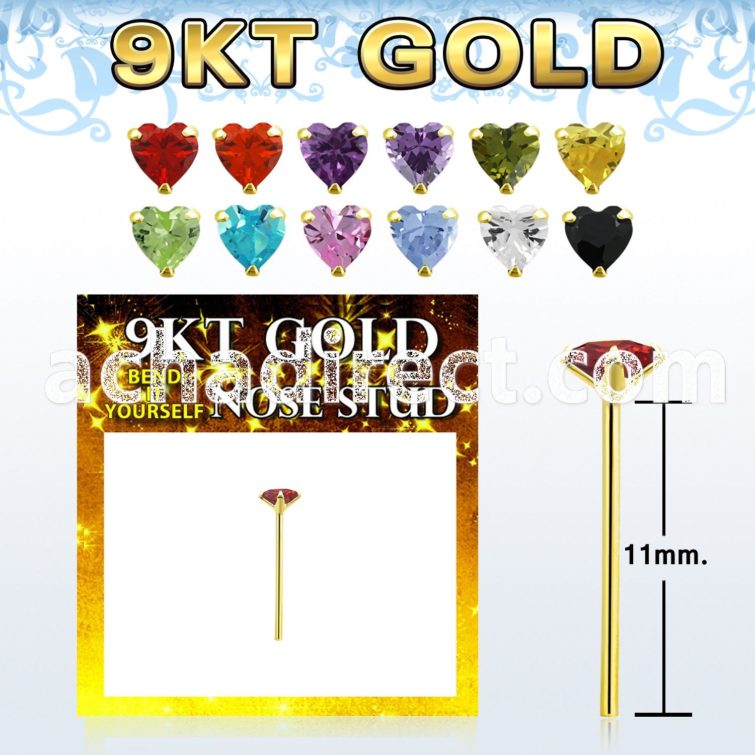 g9yzhm1 9kt gold bend it nose stud 22g w 3mm prong set heart cz