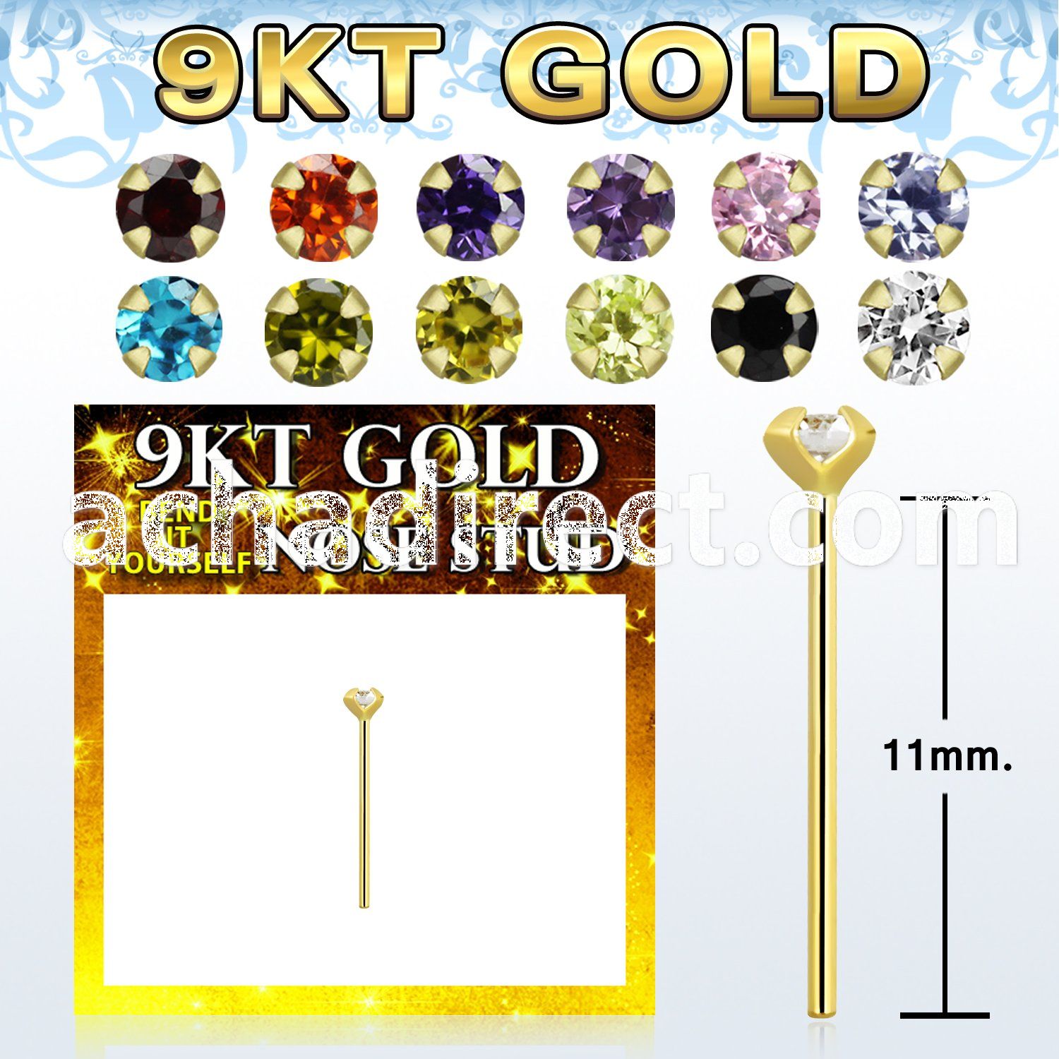 g9yzm1 9kt gold bend it nose stud w 2mm round cz stone