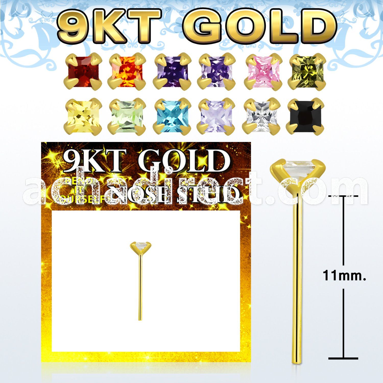 g9yzqm1 9kt gold bend it  nose stud 22g w 2mm square prong set cz