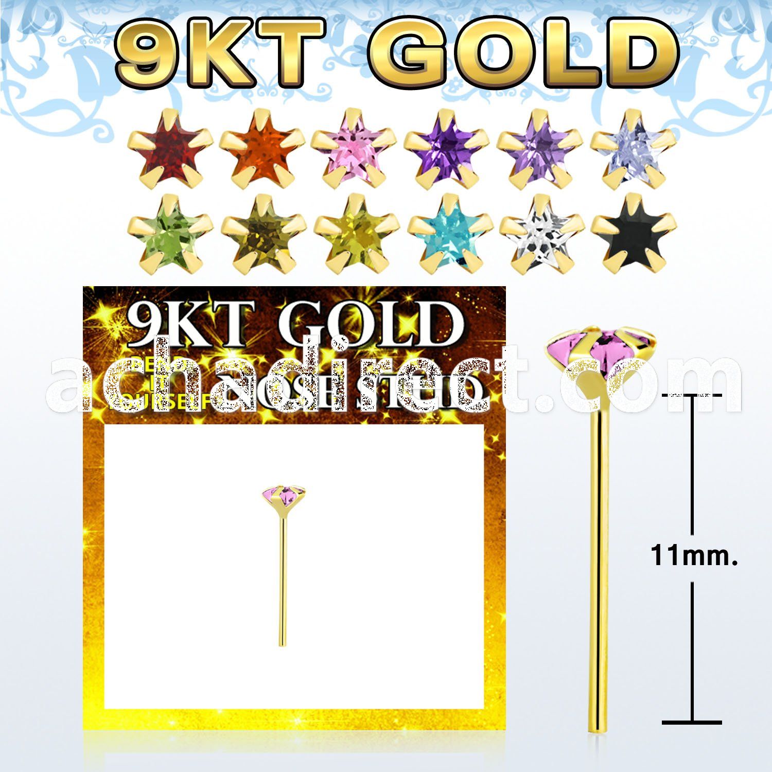 g9yzsm1 9kt gold bend it nose stud 22g w 3mm prong set star cz
