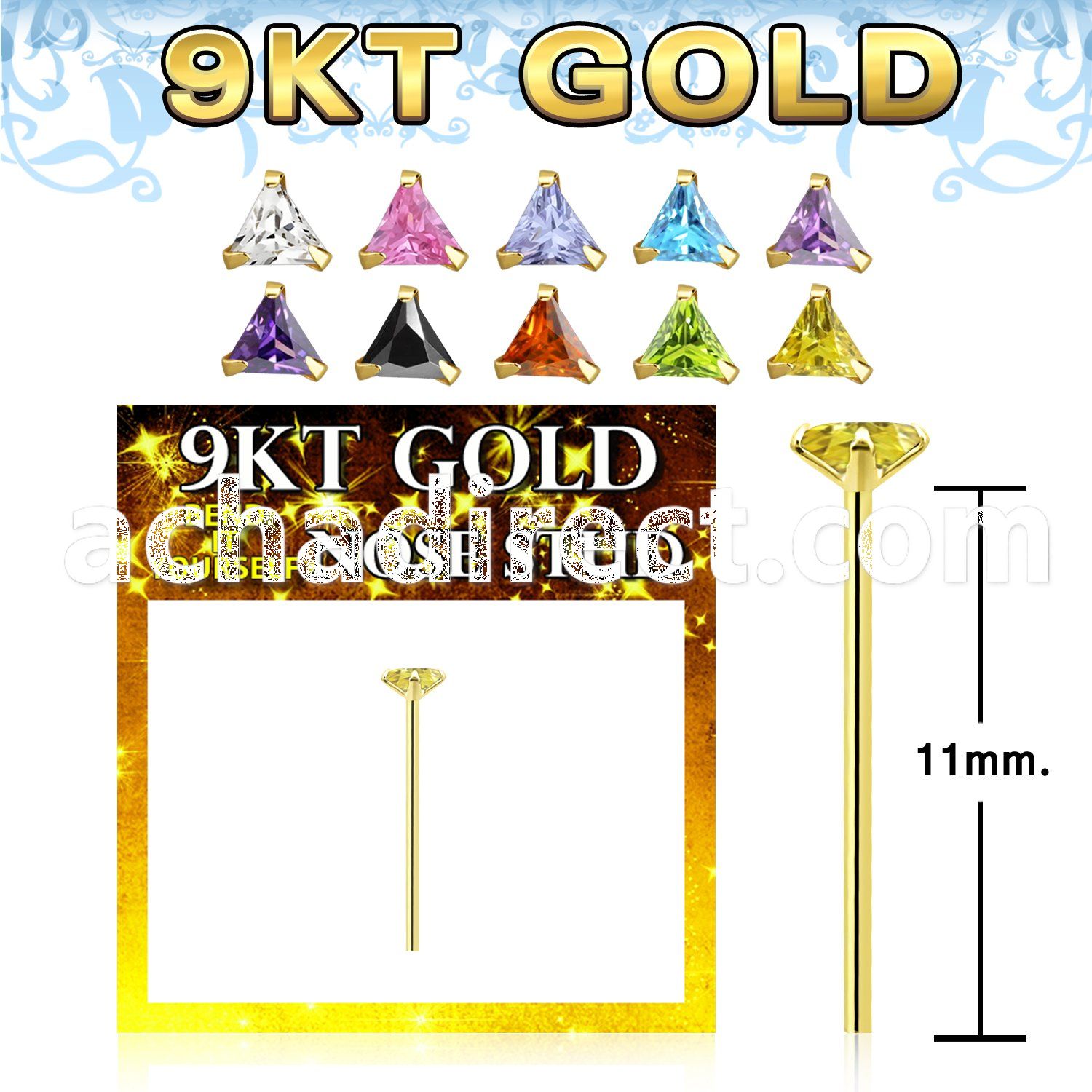 g9yztm1 9kt gold bend it nose stud 22g prong set 3mm triangle cz