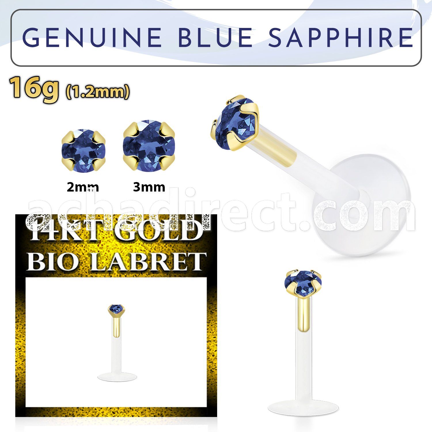 gbige9 bioflex labret with 14kt gold w prong blue sapphire