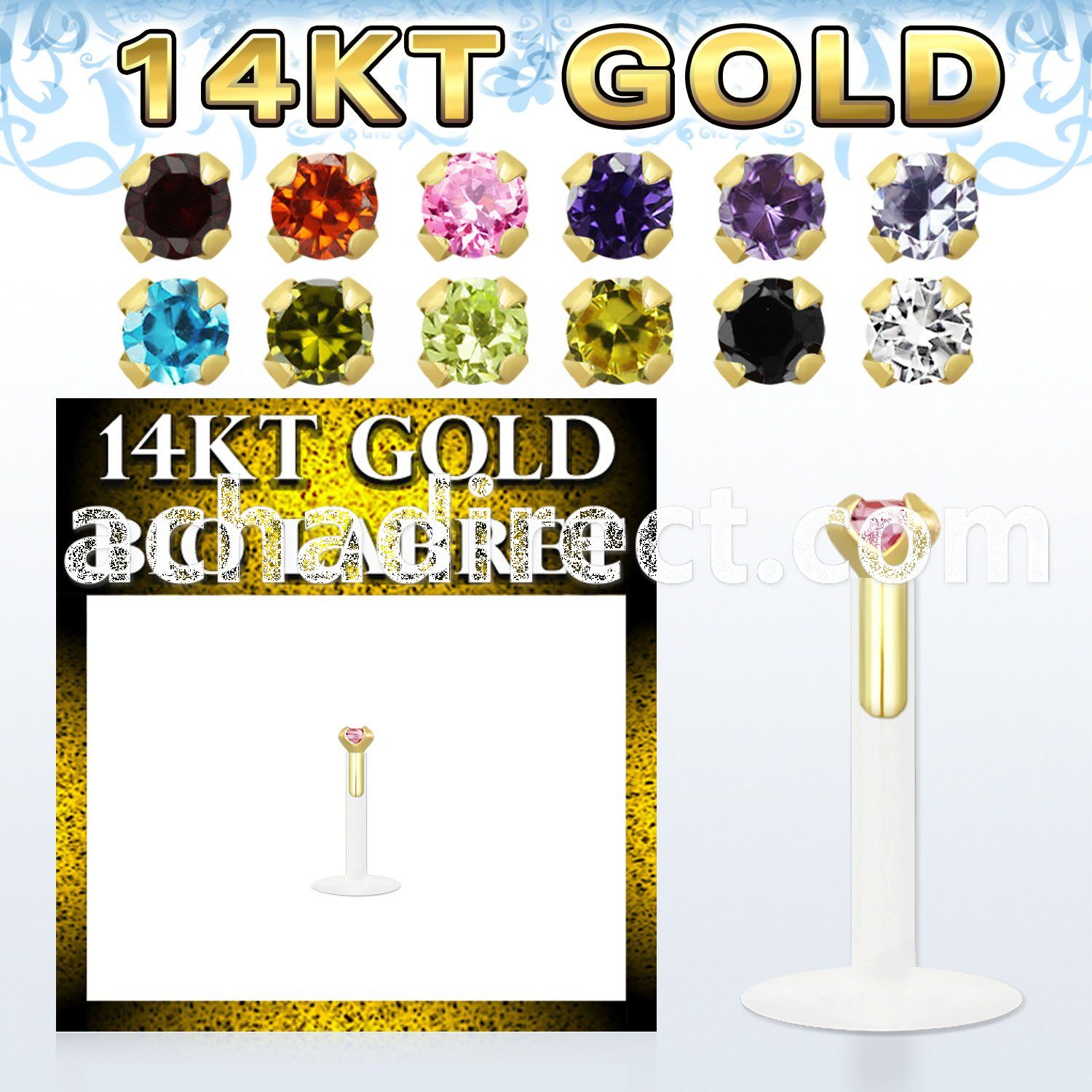 gbilzm bioflex labret with push in 14kt gold w round prong cz