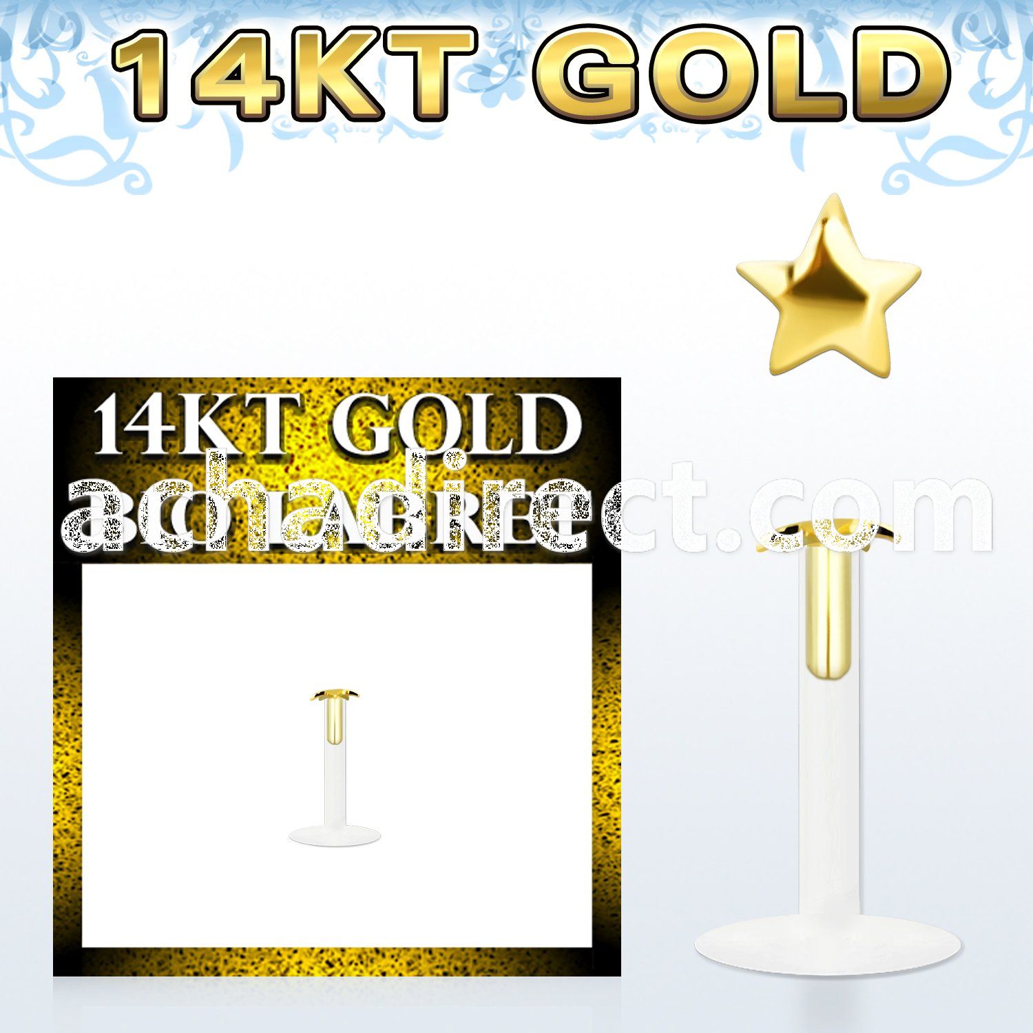 gbist clear bioflex labret with push in 14kt gold star top