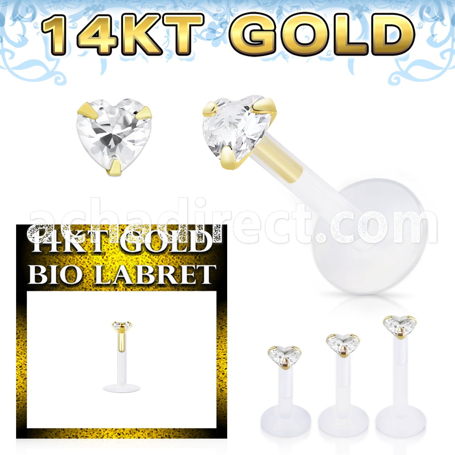 gbizhc bioflex labret with push in 14k gold with heart prong cz