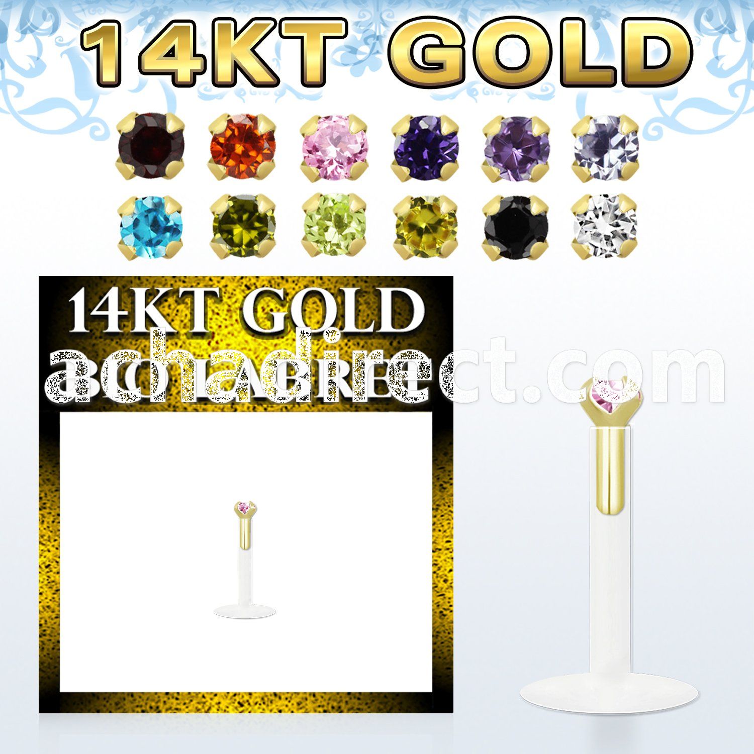 gbizms bio flex labret w 14kt gold top w 1.5mm round cz stone