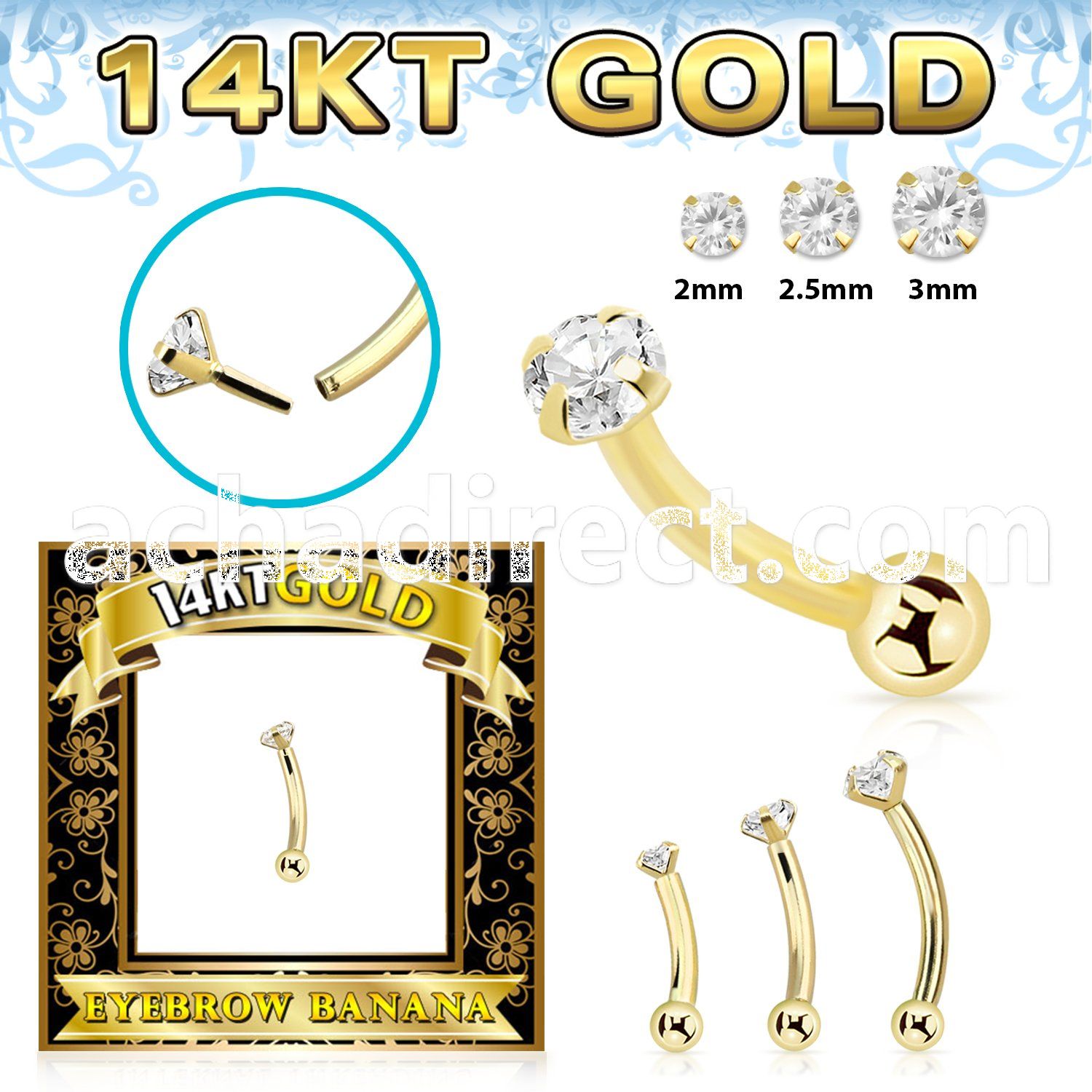 gbnbz 14k gold threadless push pin banana 16g cz ball