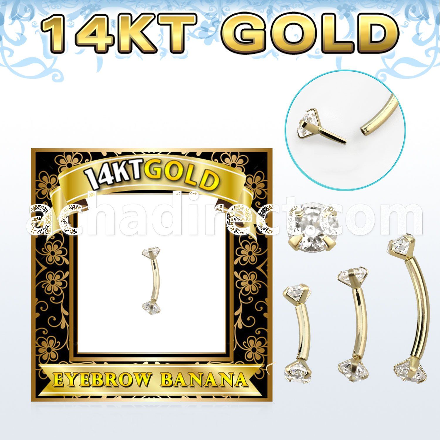 gbnz 14k gold eyebrow banana w thread less top w cz stones