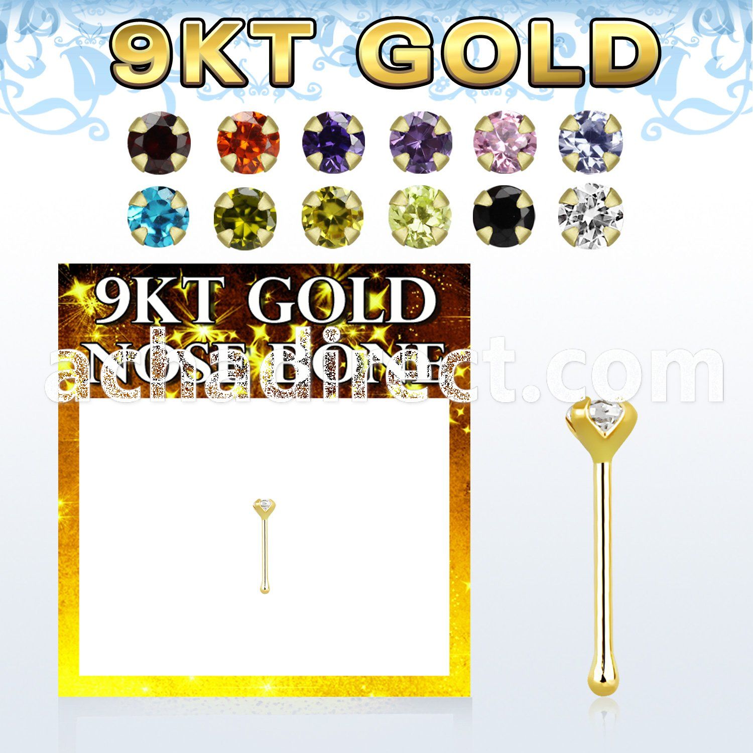 gbz2m9 9kt gold nose bone with 2mm round prong set cz stone