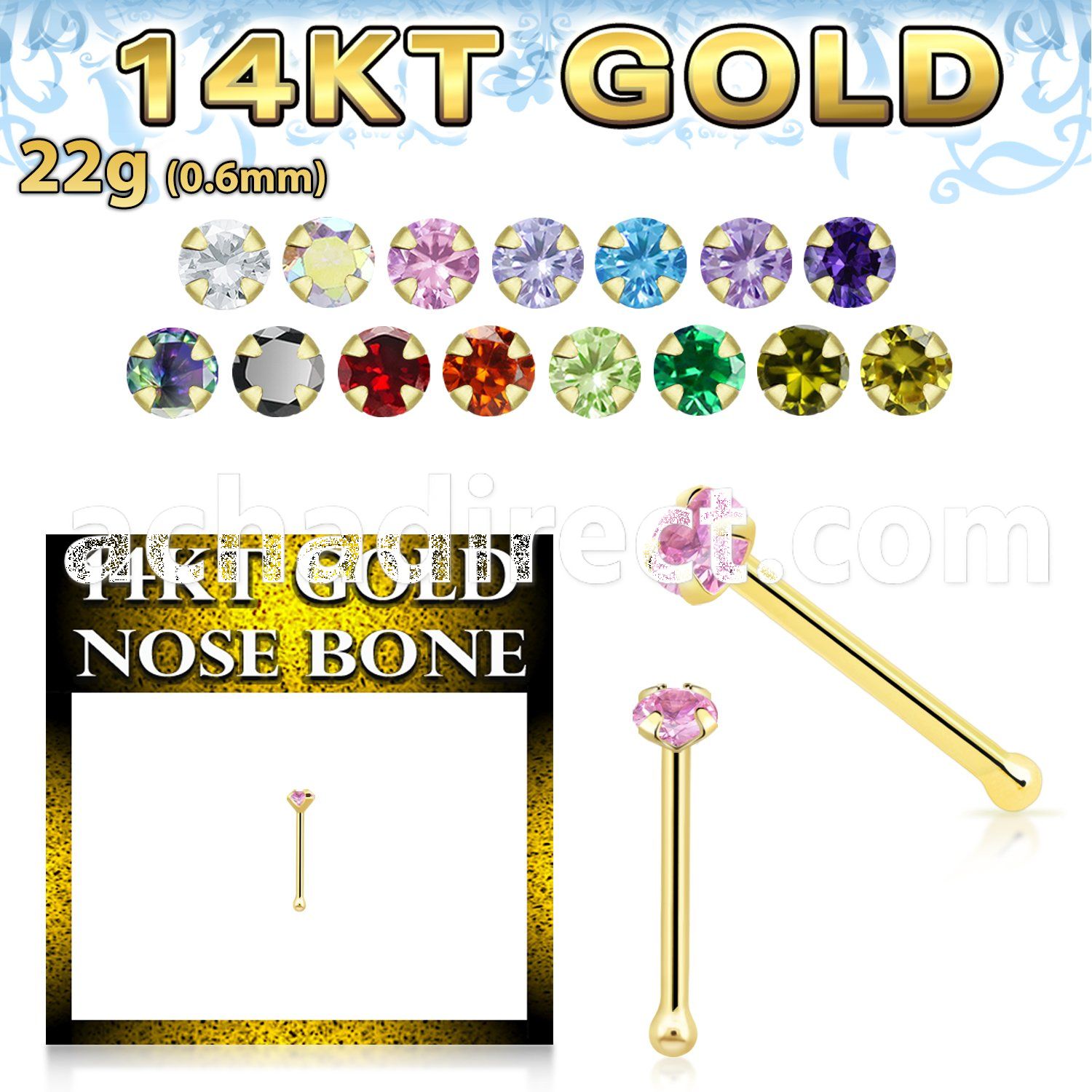 gbzsm1 14kt gold nose bone w a 1.5mm round prong set cz stone