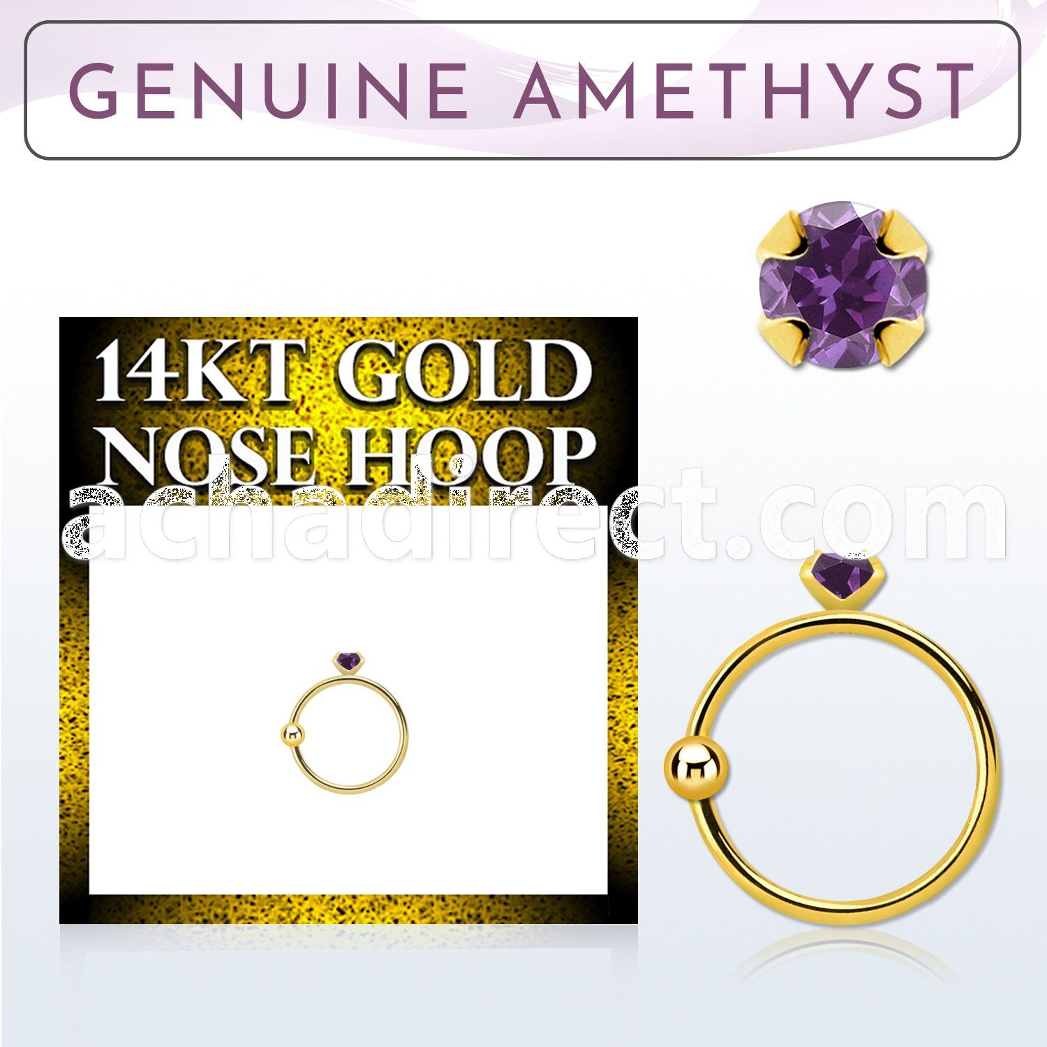 ghge1 14kt gold nose hoop w a 2mm prong set amethyst stone