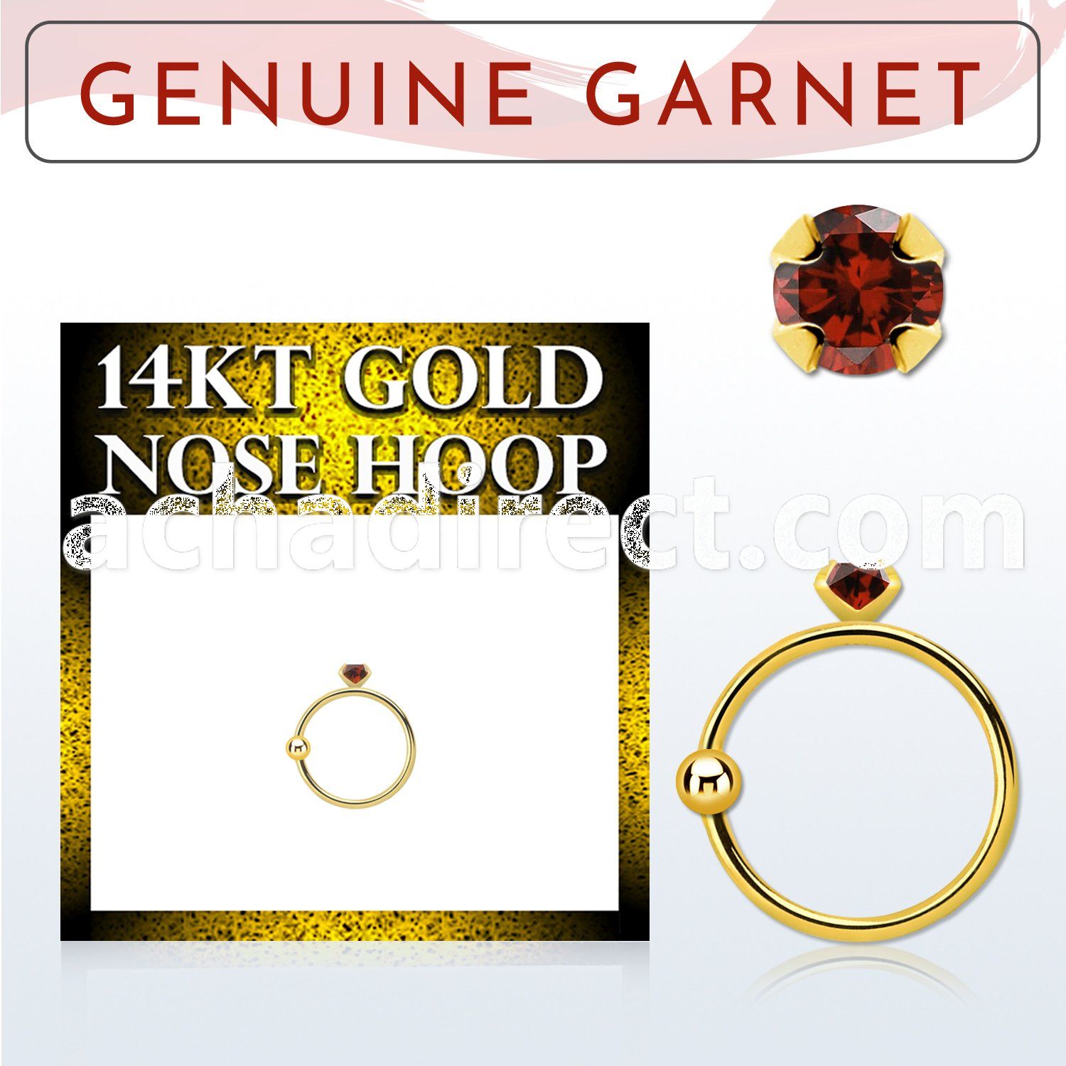 ghge2 14kt gold nose hoop w a 2mm prong set garnet stone