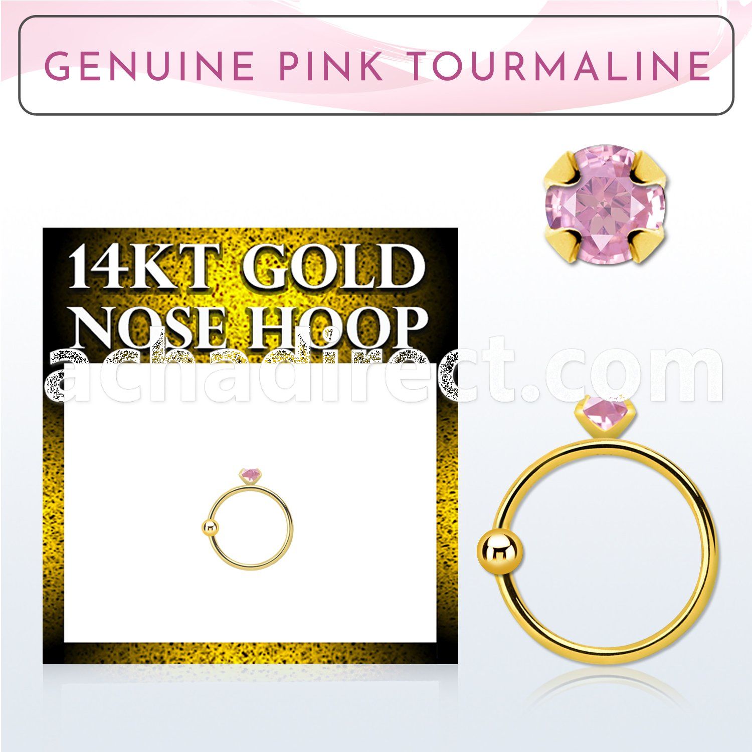 ghge3 14kt gold nose hoop w a prong set pink tourmaline stone