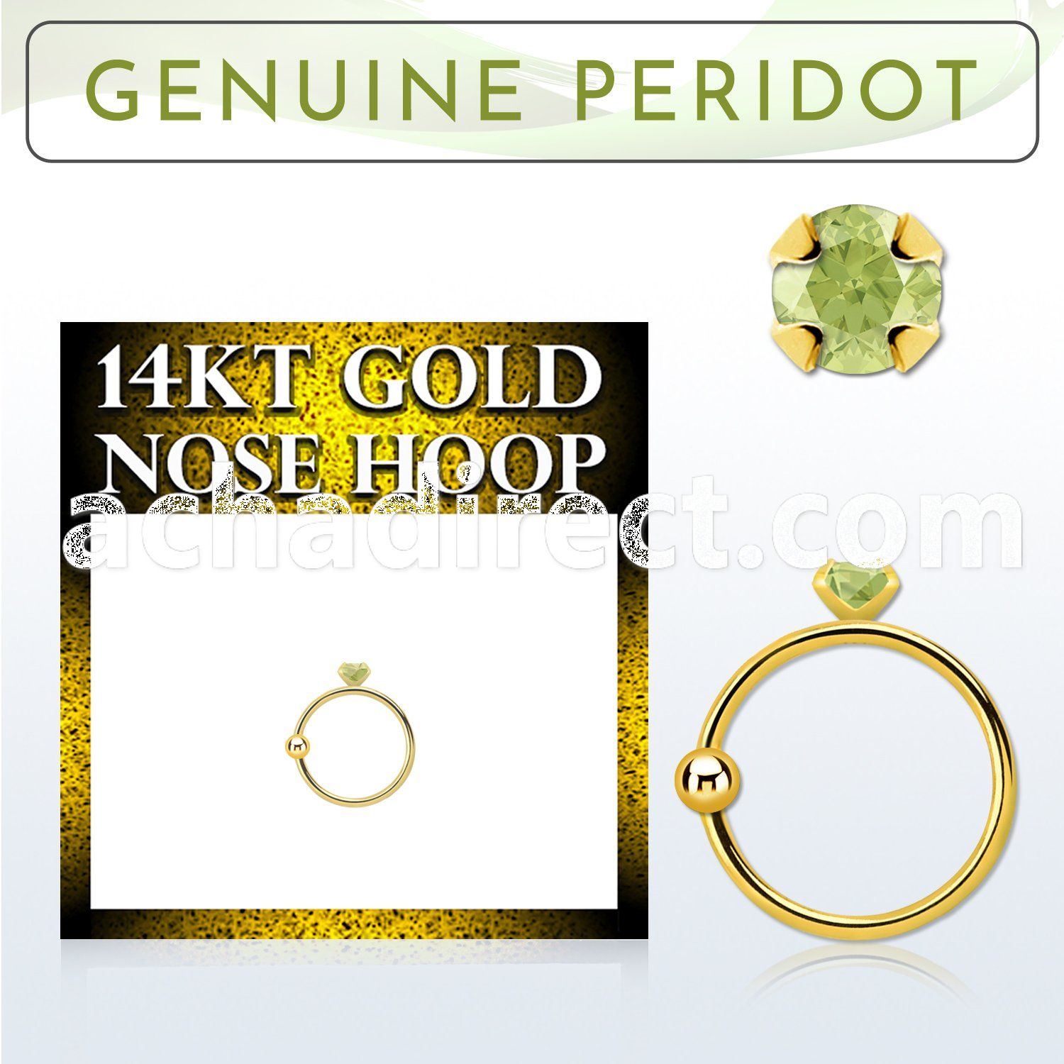 ghge4 14kt gold nose hoop w a 2mm prong set peridot stone