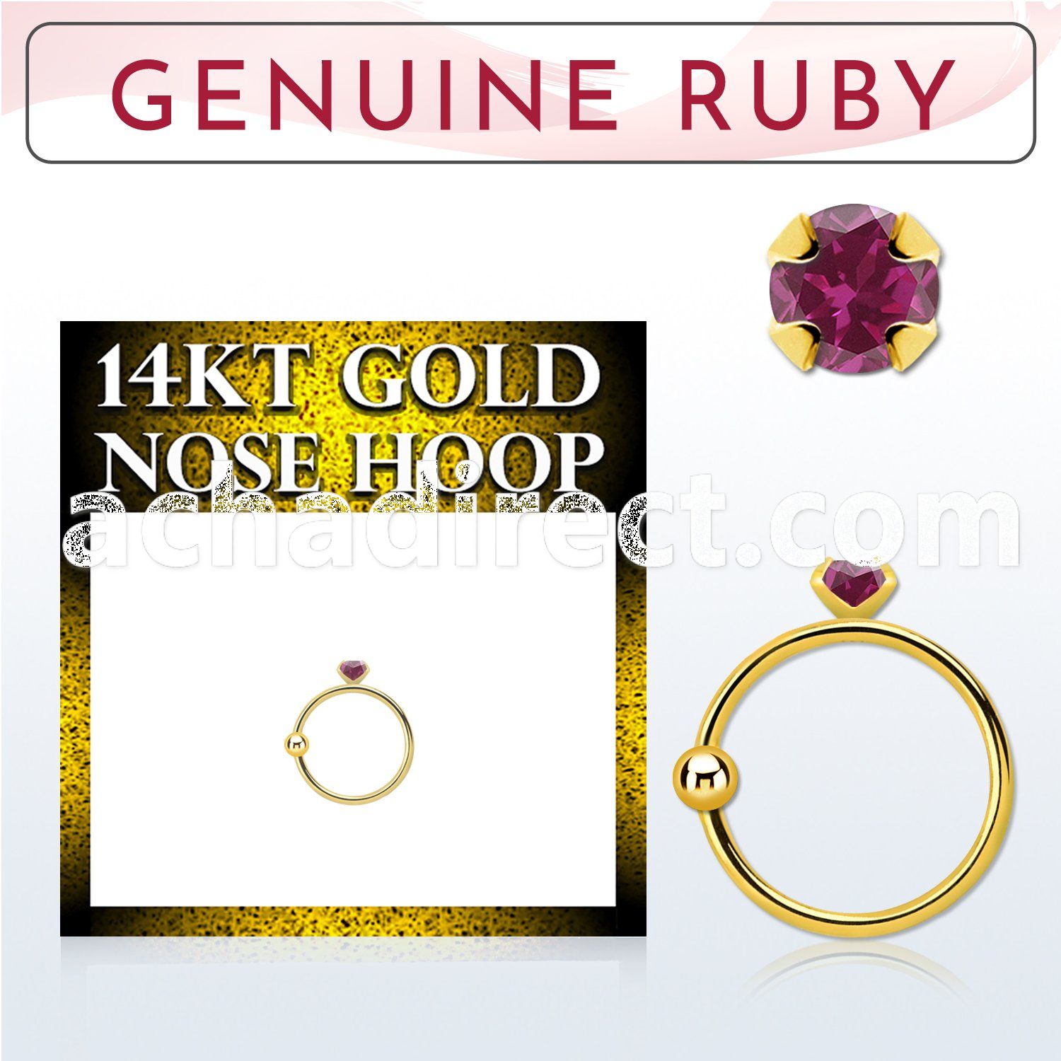 ghge5 14kt gold nose hoop w a 2mm prong set ruby stone