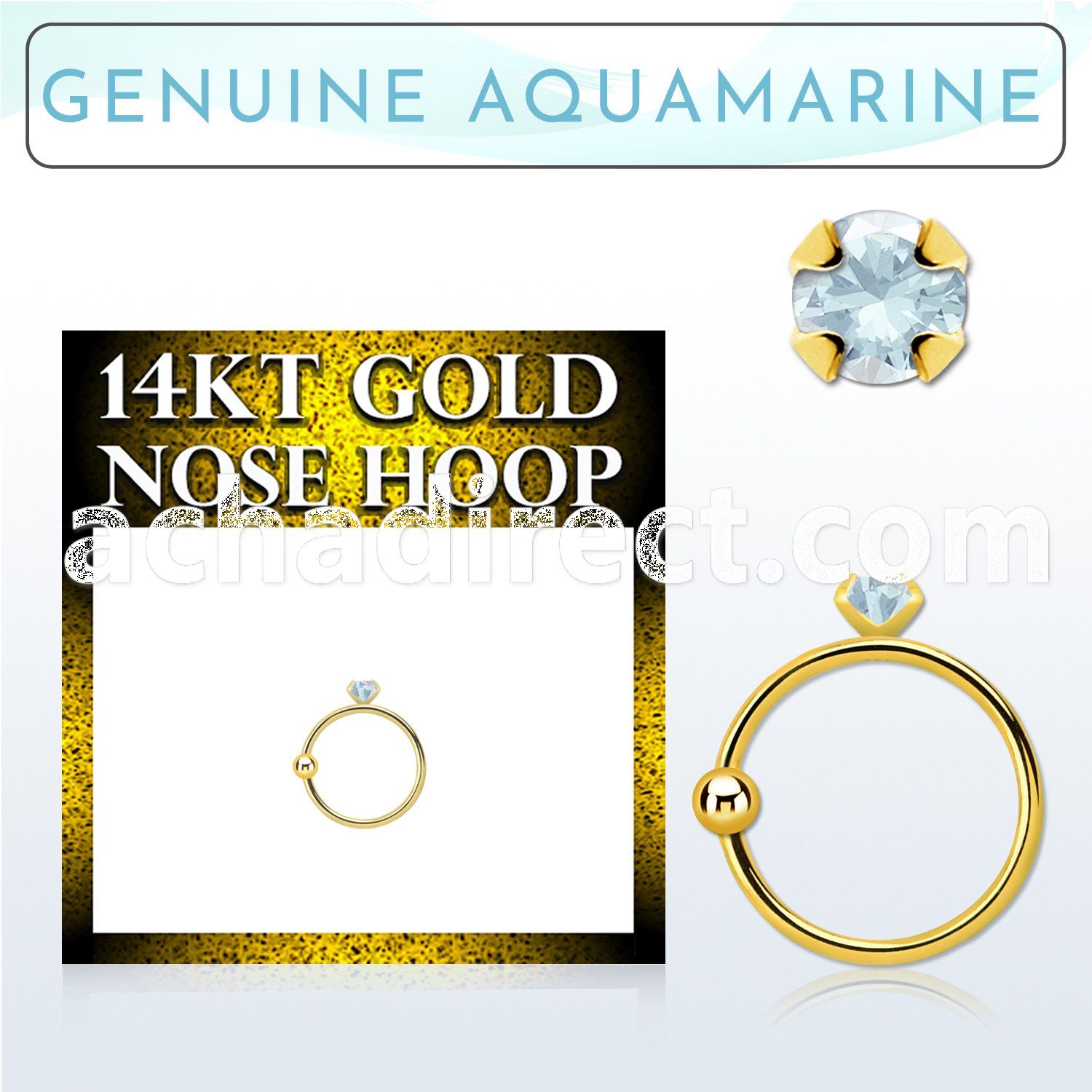 ghge8 14kt gold nose hoop w a 2mm prong set aquamarine stone