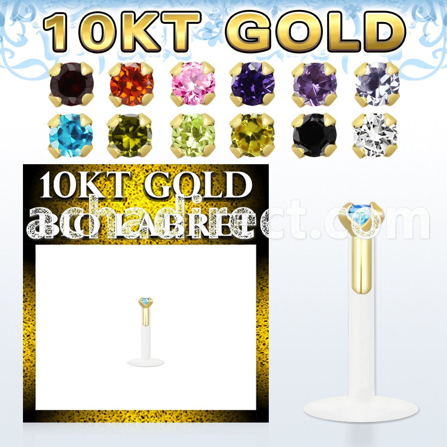 gibilzm bioflex labret with push in 10kt gold w round prong cz