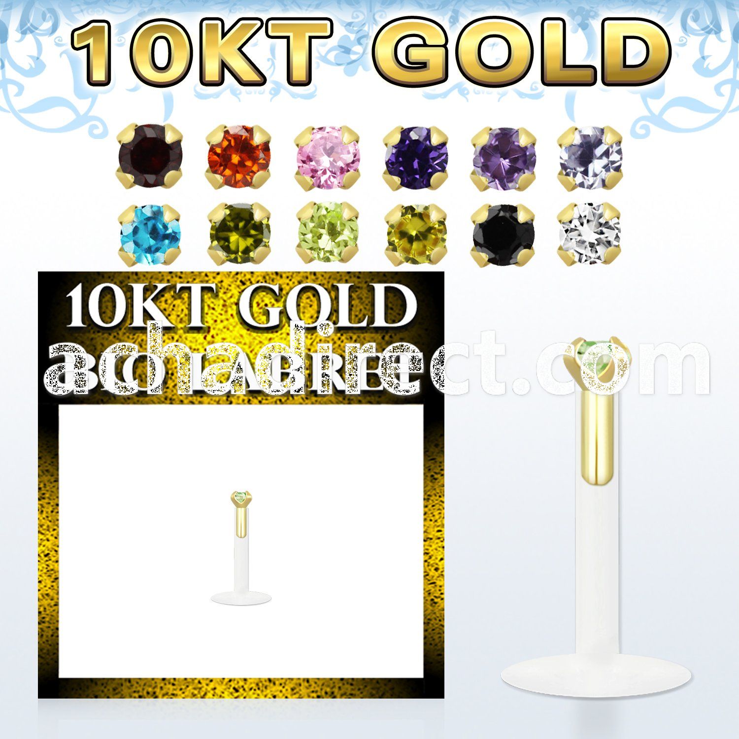 gibizms bio flex labret w 10kt gold top w 1.5mm round cz stone