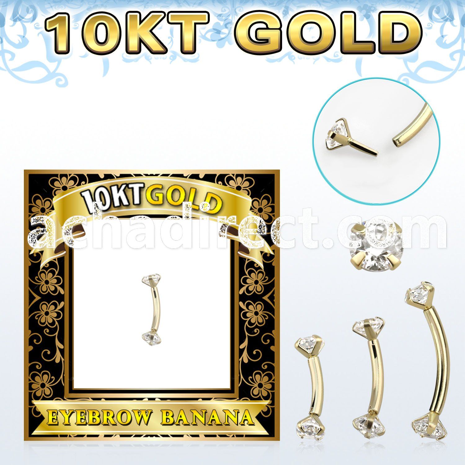 gibnz 10k gold eyebrow banana w thread less top w cz stones
