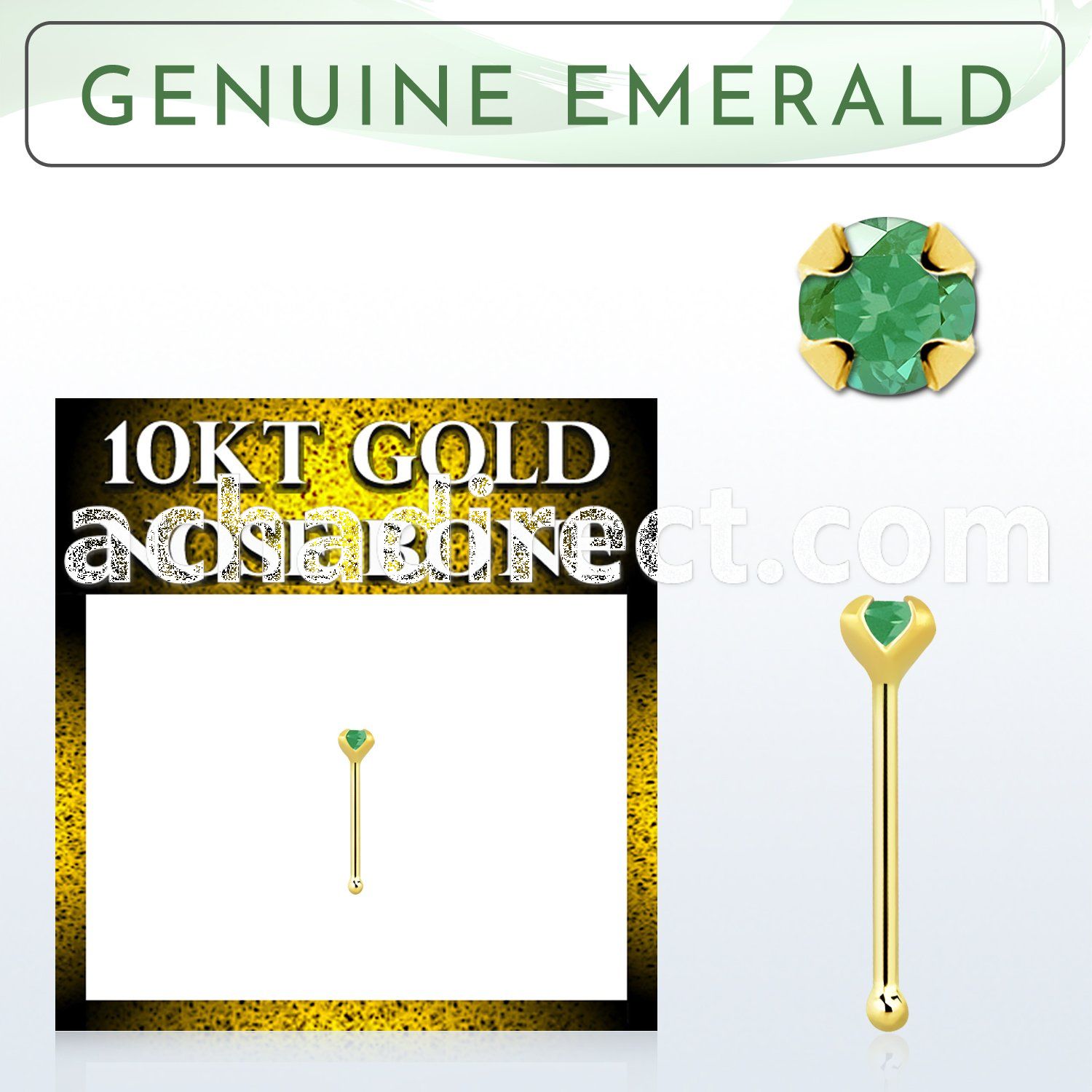 ginbge10 10kt gold nose bone with a 2mm prong set emerald