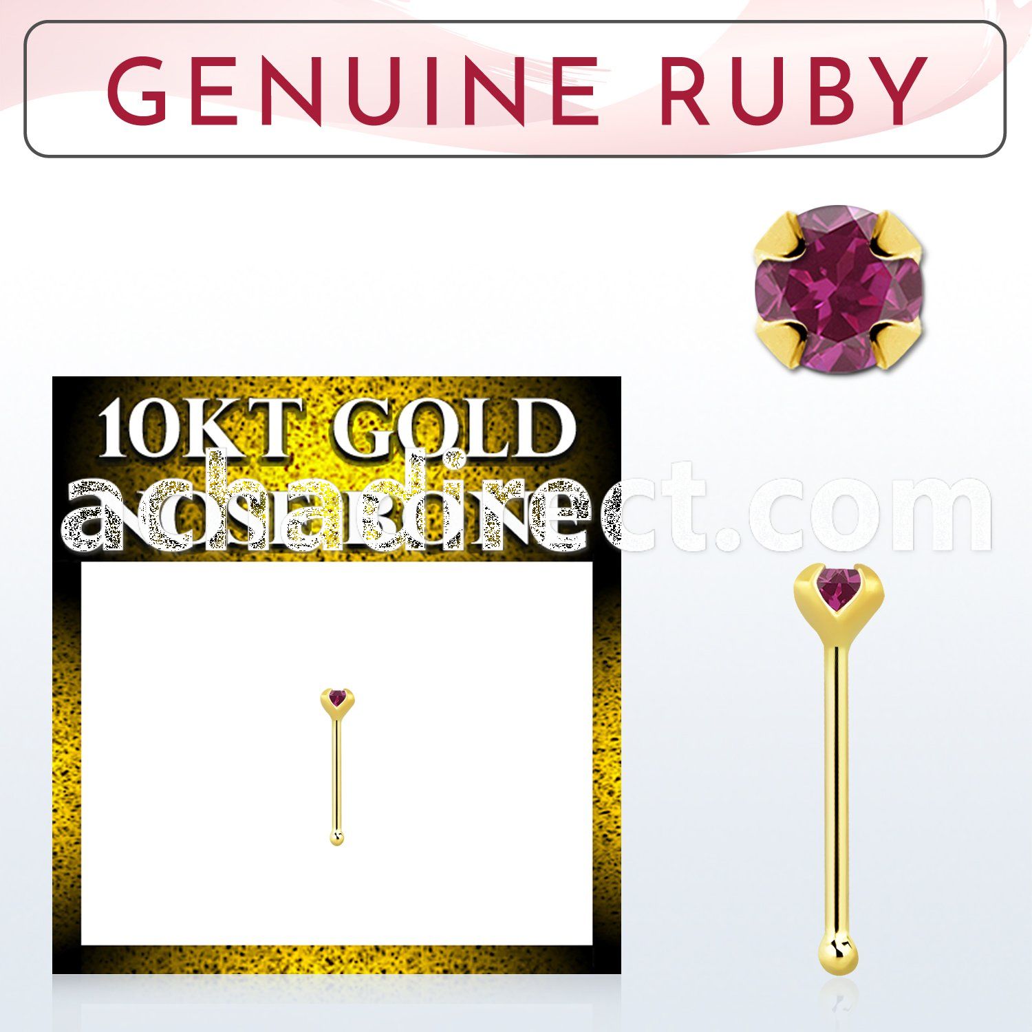 ginbge5 10kt gold nose bone with a 2mm prong set ruby stone