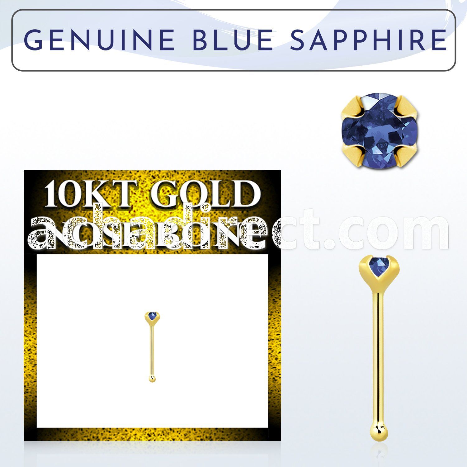 ginbge9 10kt gold nose bone with a 2mm prong set blue sapphire