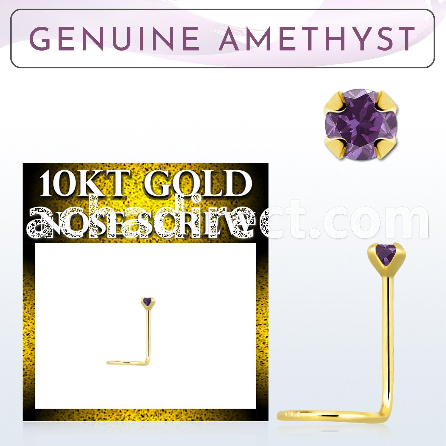 giscge1 10kt gold nose screw with a 2mm prong set amethyst stone
