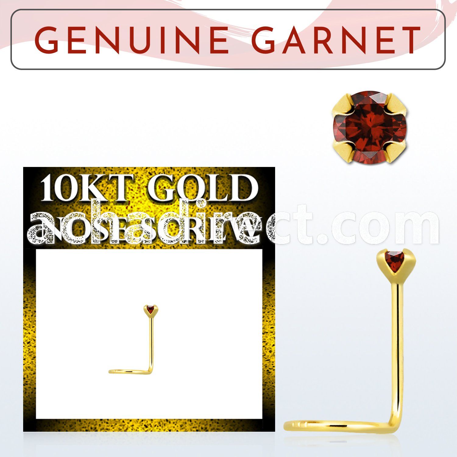 giscge2 10kt gold nose screw with a 2mm prong set garnet stone