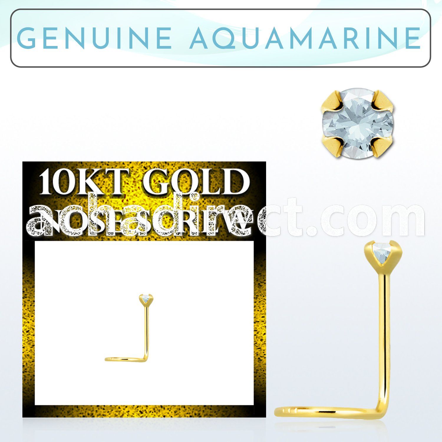 giscge8 10kt gold nose screw with 2mm prong set aquamarine