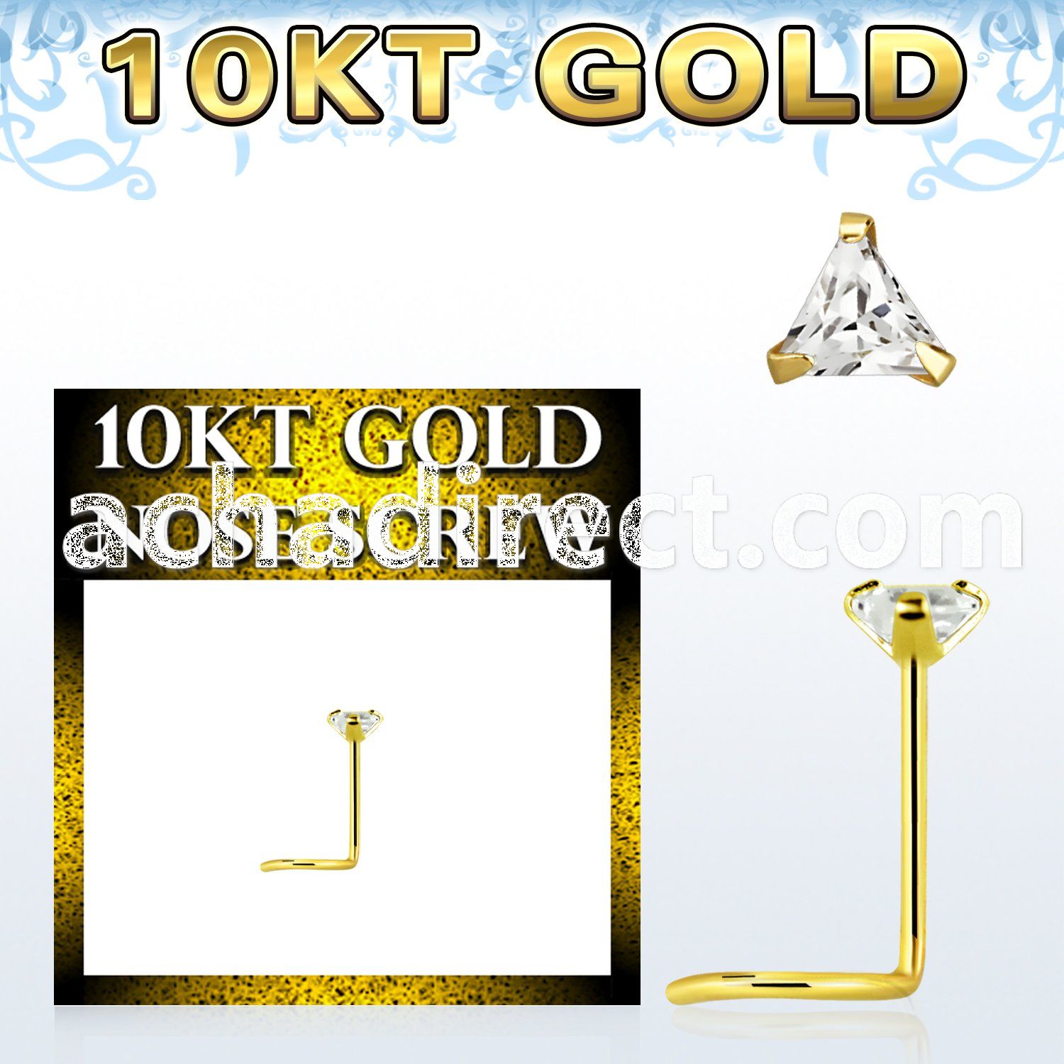 gisztm1 10kt gold nose screw, w 3mm triangle cz stone