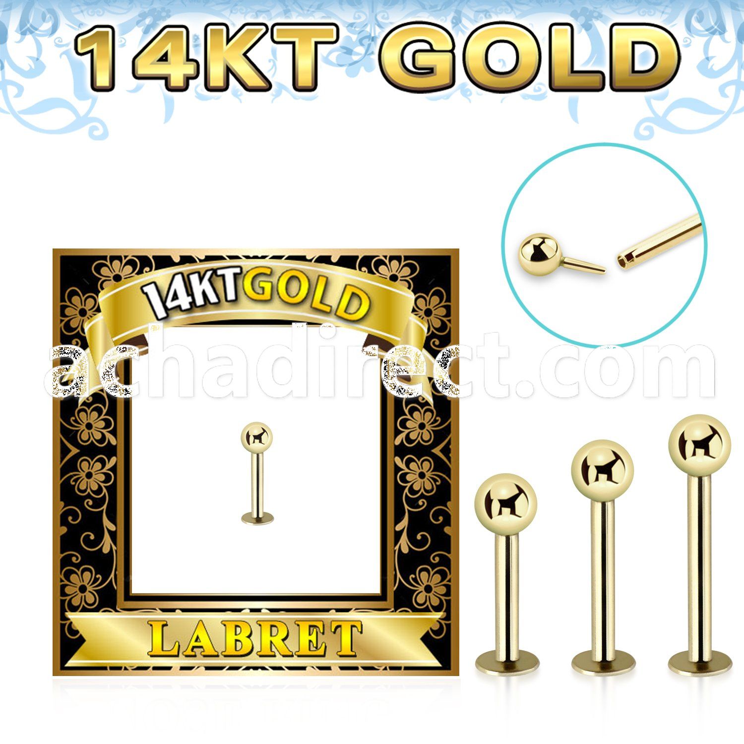 glbb3 14k gold eyebrow labret w thread less push in 3mm ball