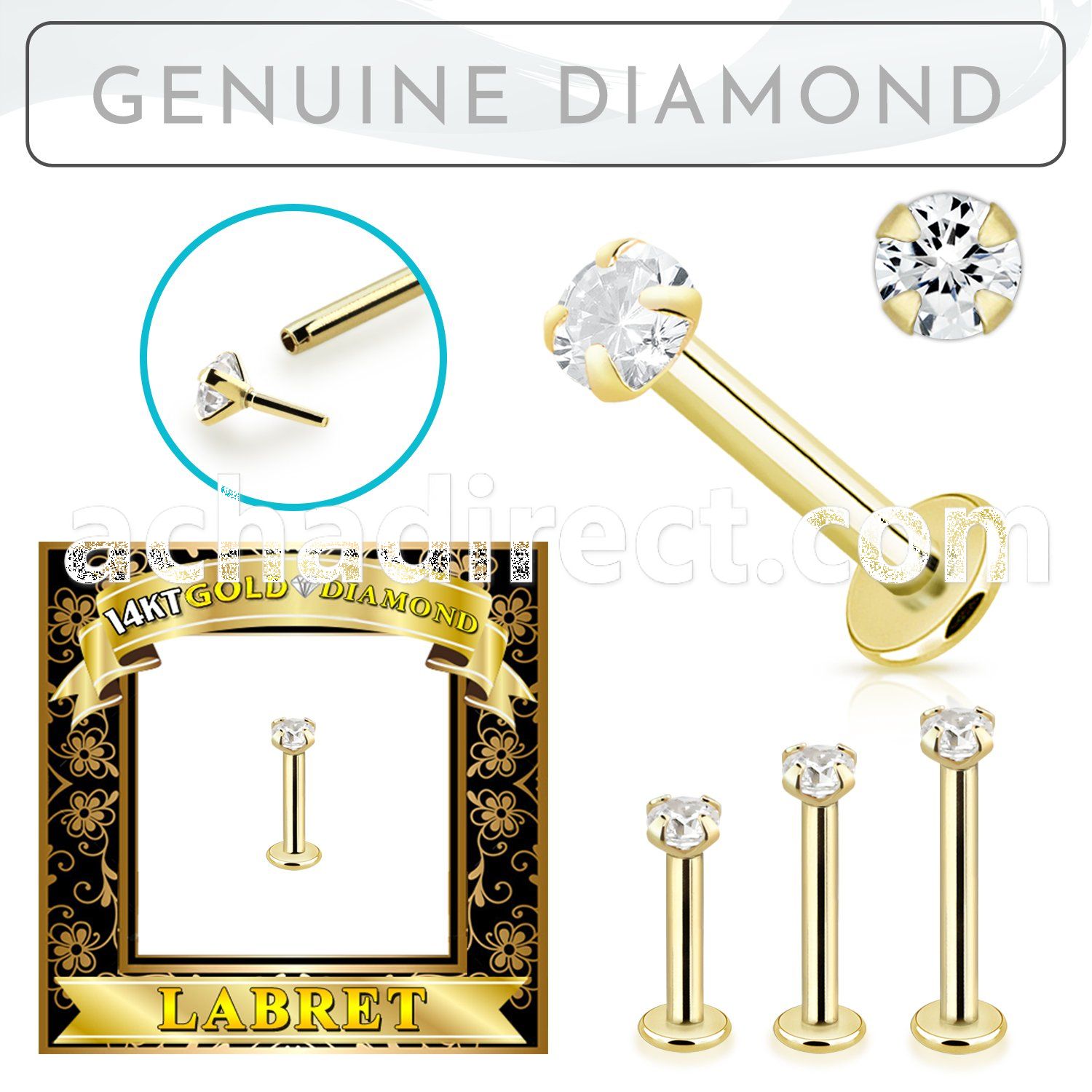 glbdi25 14k gold labret 2.5mm prong set round diamond