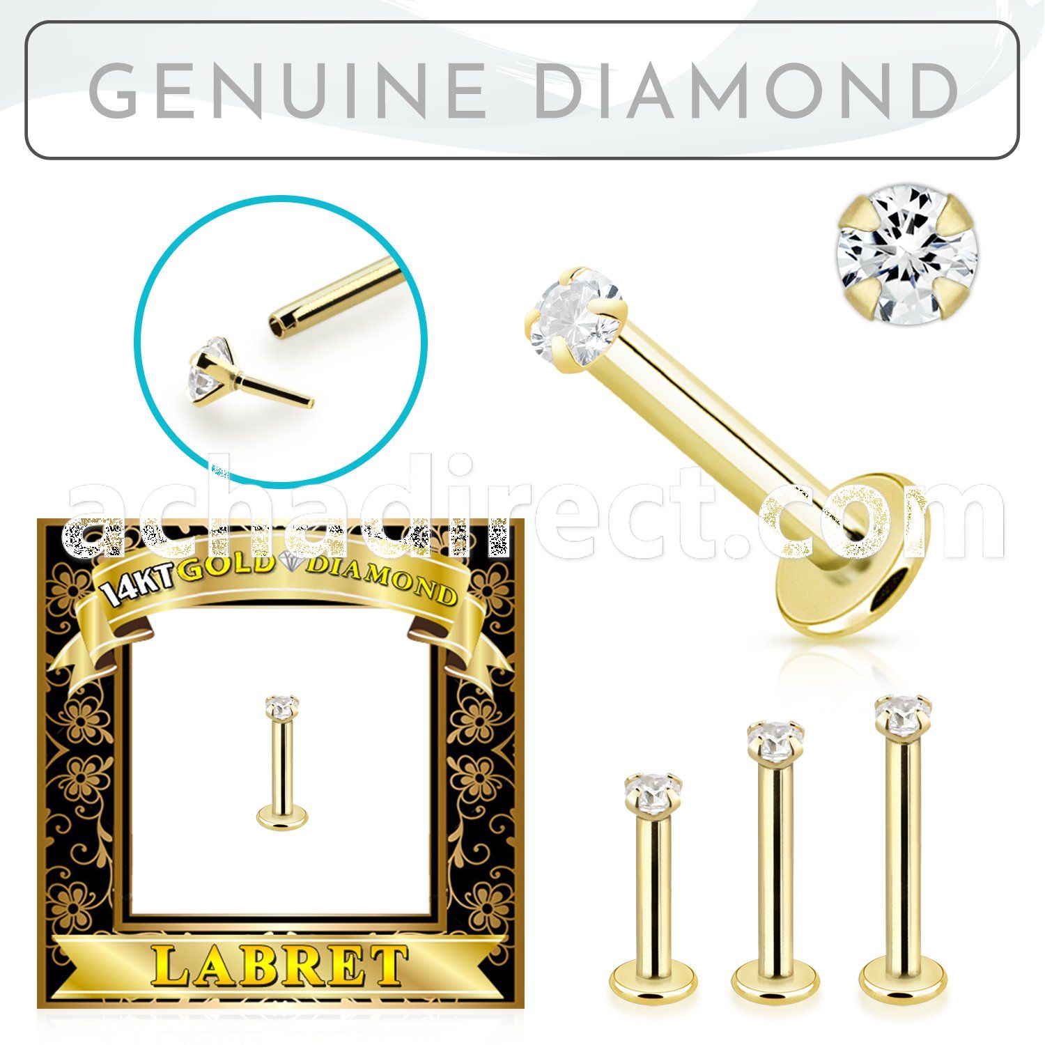 glbdi 14k gold labret 1.5mm prong set round diamond