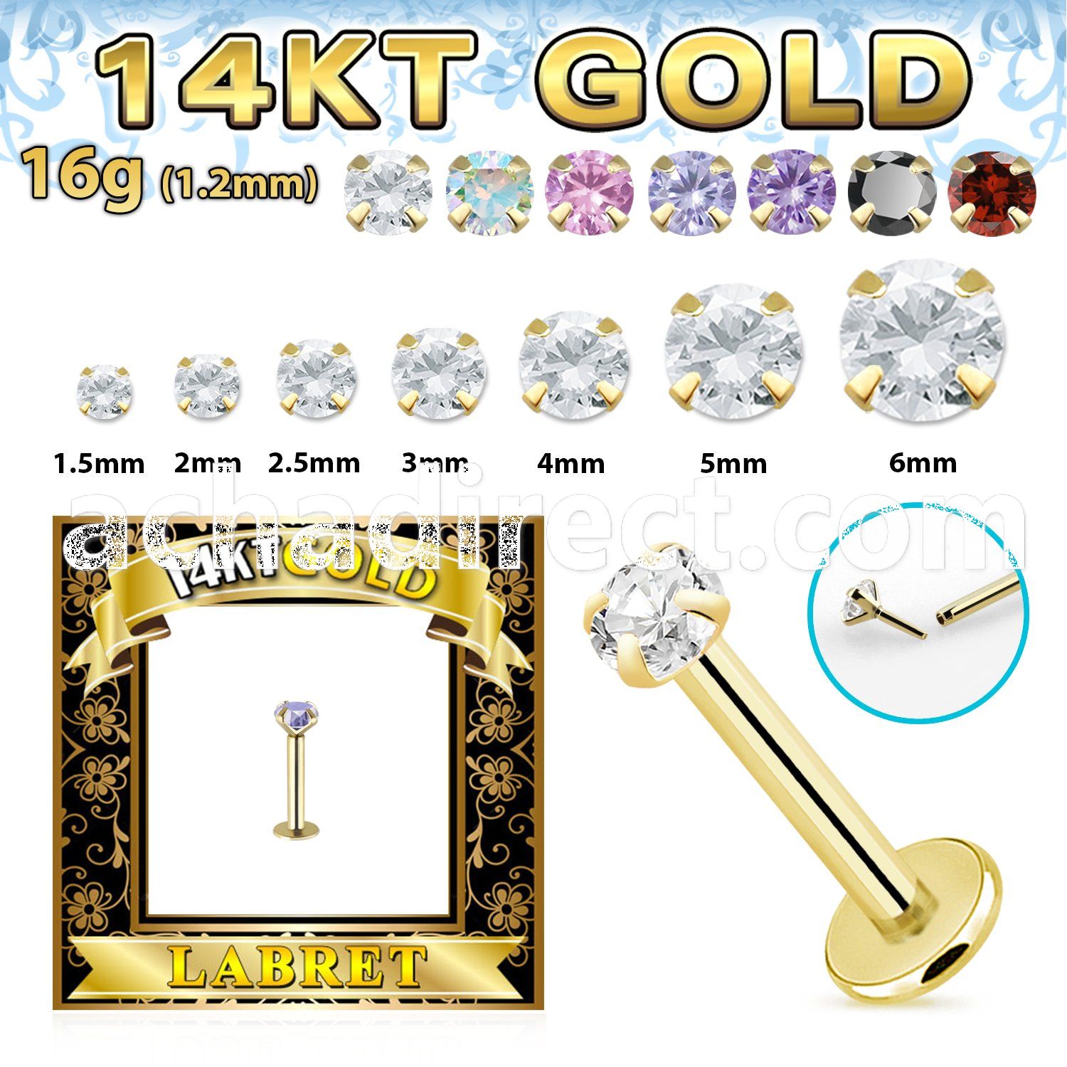 glbz solid 14k gold labret w thread less push in top w cz