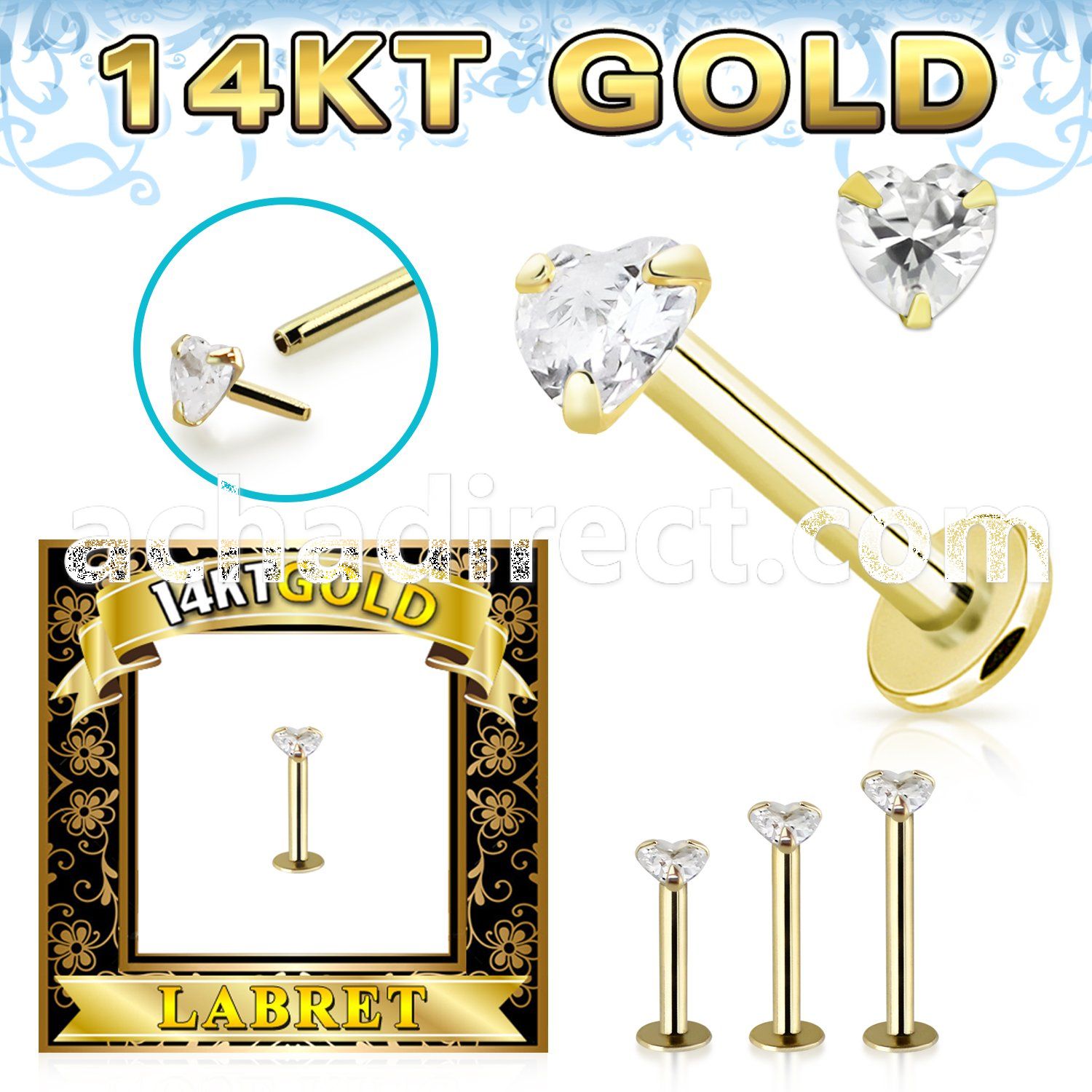 glbzh 14k gold labret 3mm prong set heart cubic zirconia (cz) stone