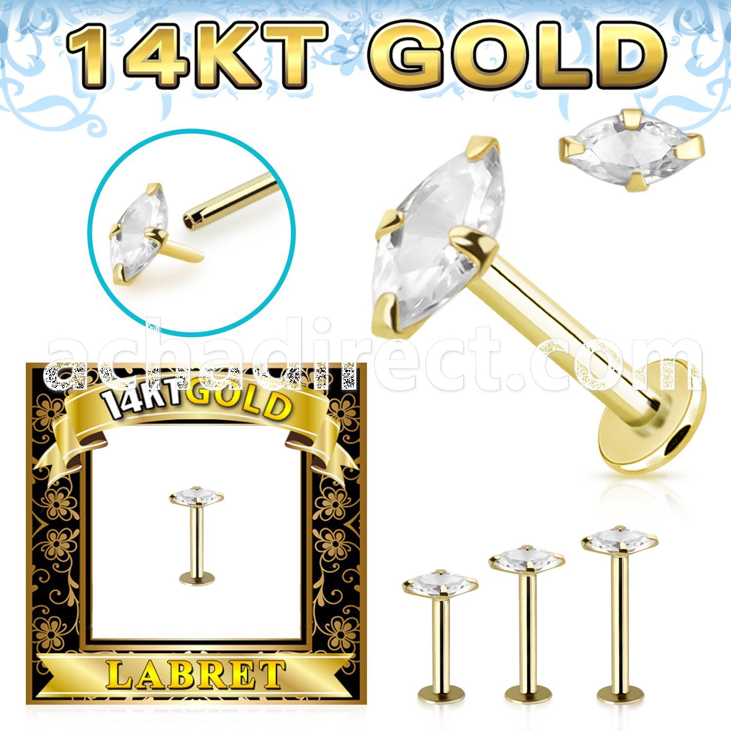 glbzmq 14k gold labret prong set cz stone marquise