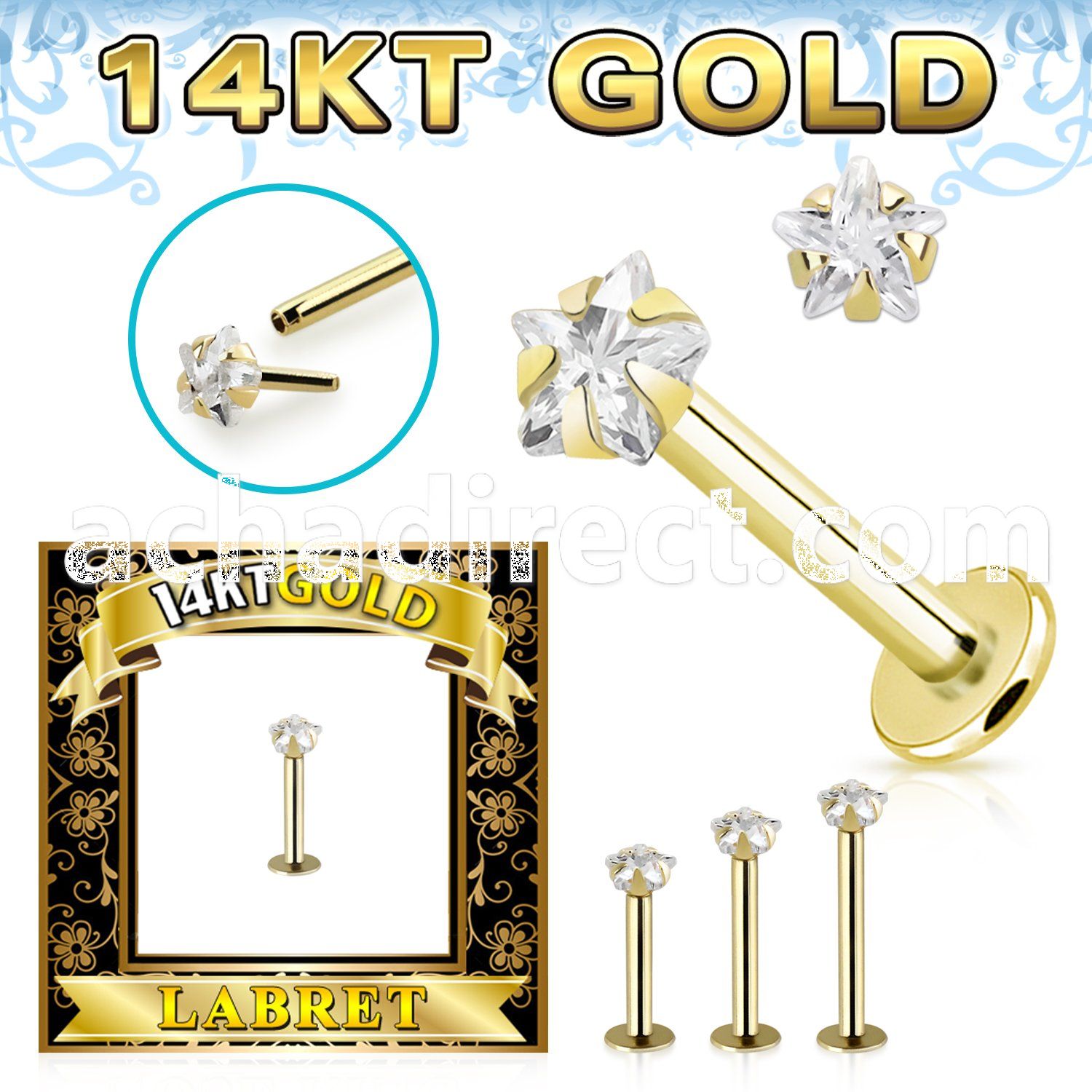 glbzsr 14k gold labret 3mm prong set star cubic zirconia (cz) stone