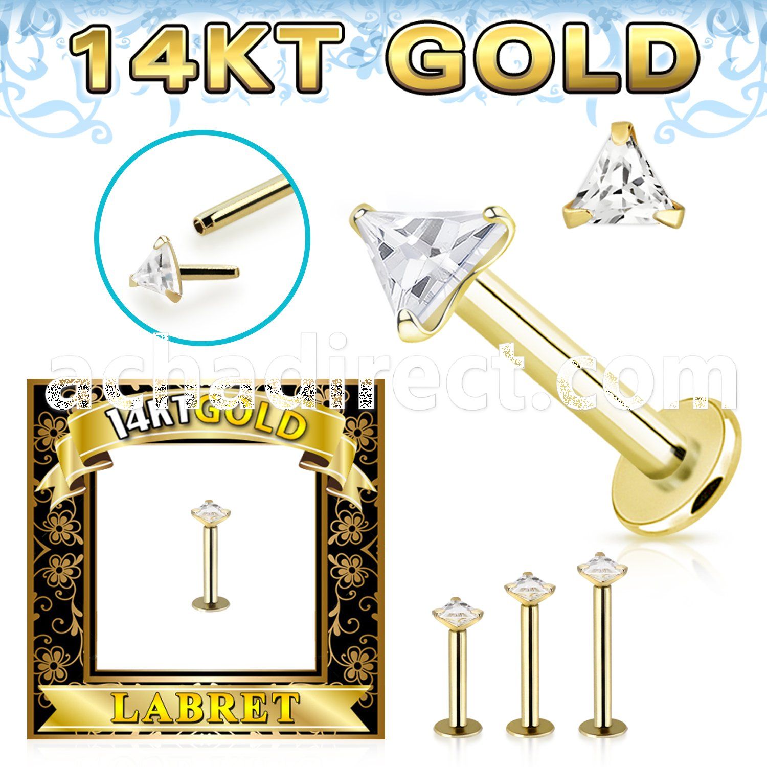 glbzt 14k gold labret 3mm prong set triangle cubic zirconia (cz) stone