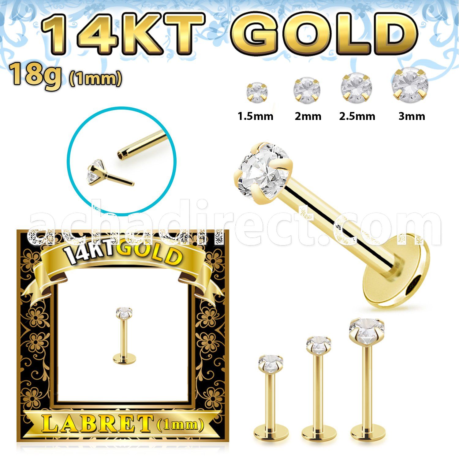 glbzx 14k gold labret round clear cz push pin prong