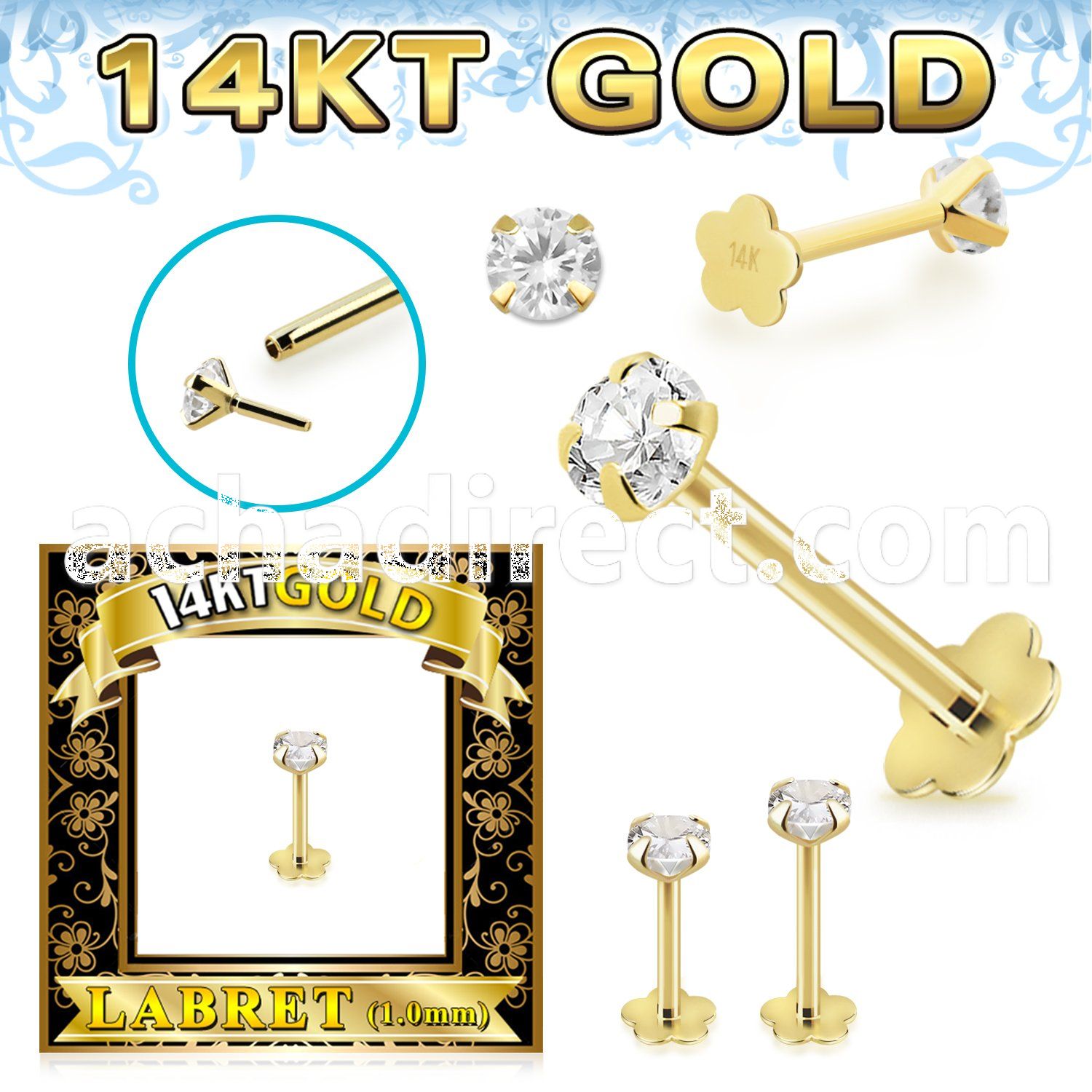 glfzx 14k gold labret round clear cz push pin prong flower