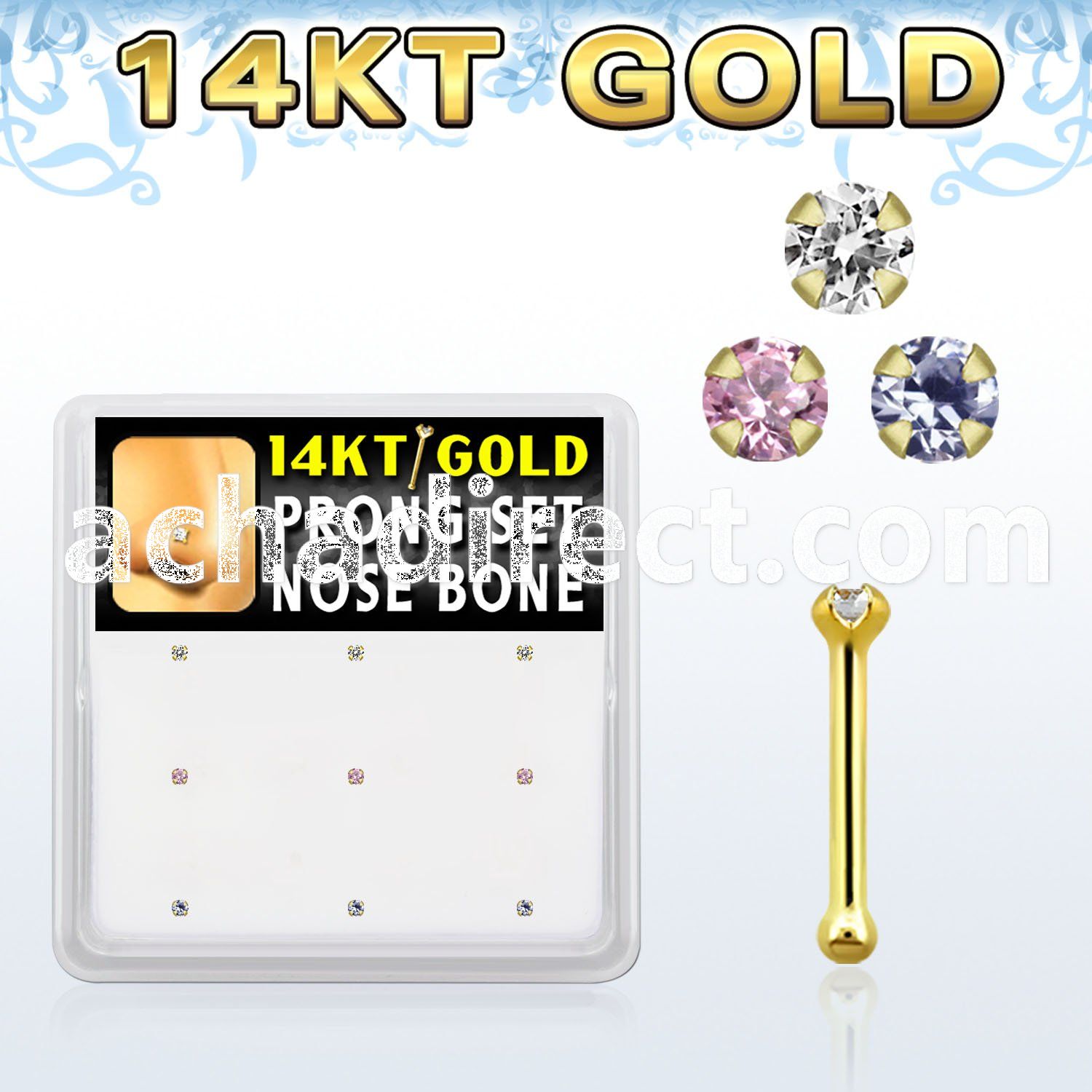 gnb1x box w 14kt gold nose bone 20g w 1.5mm round prong set cz