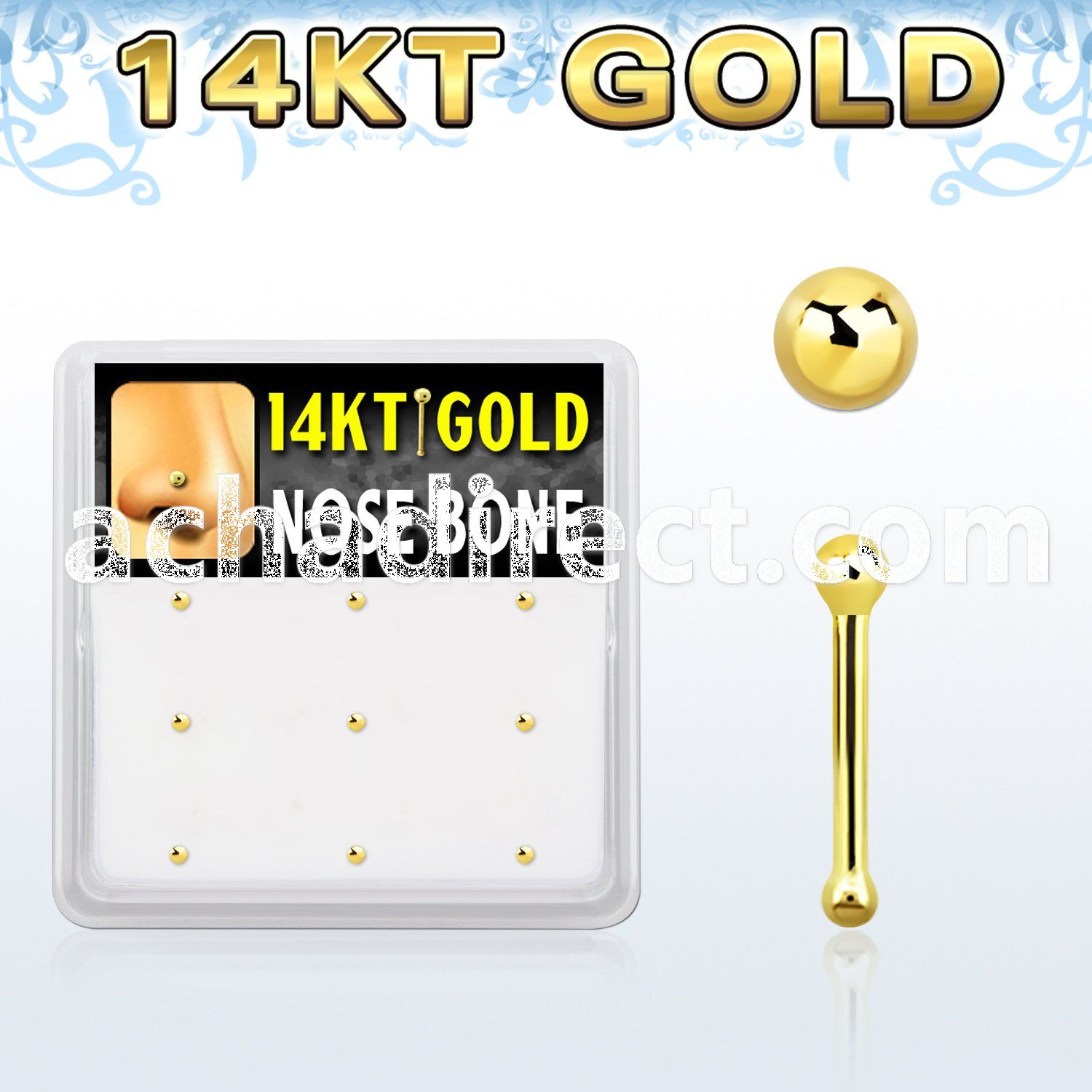 gnb3x box w 14kt gold nose bones, 20g w 1.5mm ball shaped top