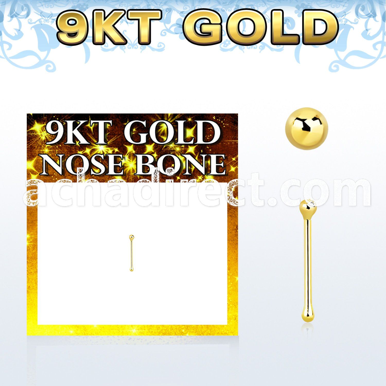 gnbb9 9kt gold nose bone w a 1.5mm plain gold ball shaped top