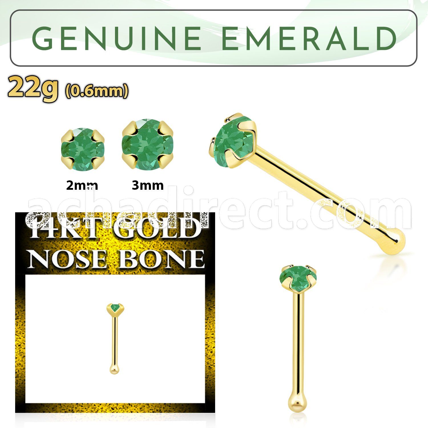 gnbge10 14kt gold nose bone with a 2mm prong set emerald