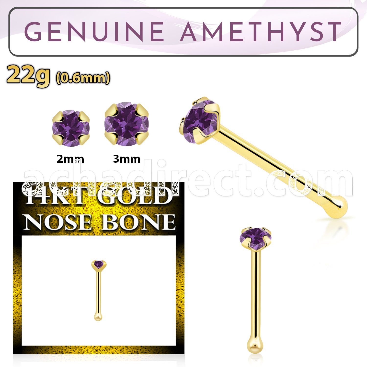 gnbge1 14kt gold nose bone with a 2mm prong set amethyst