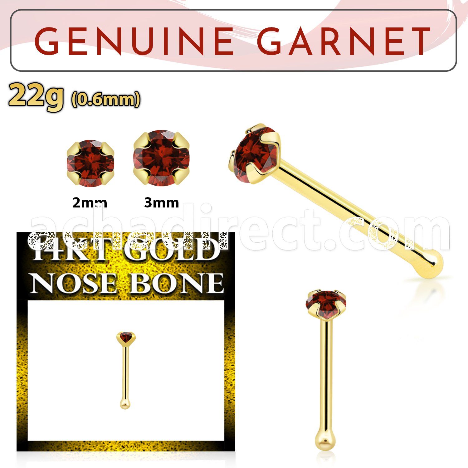 gnbge2 14kt gold nose bone with a 2mm prong set garnet