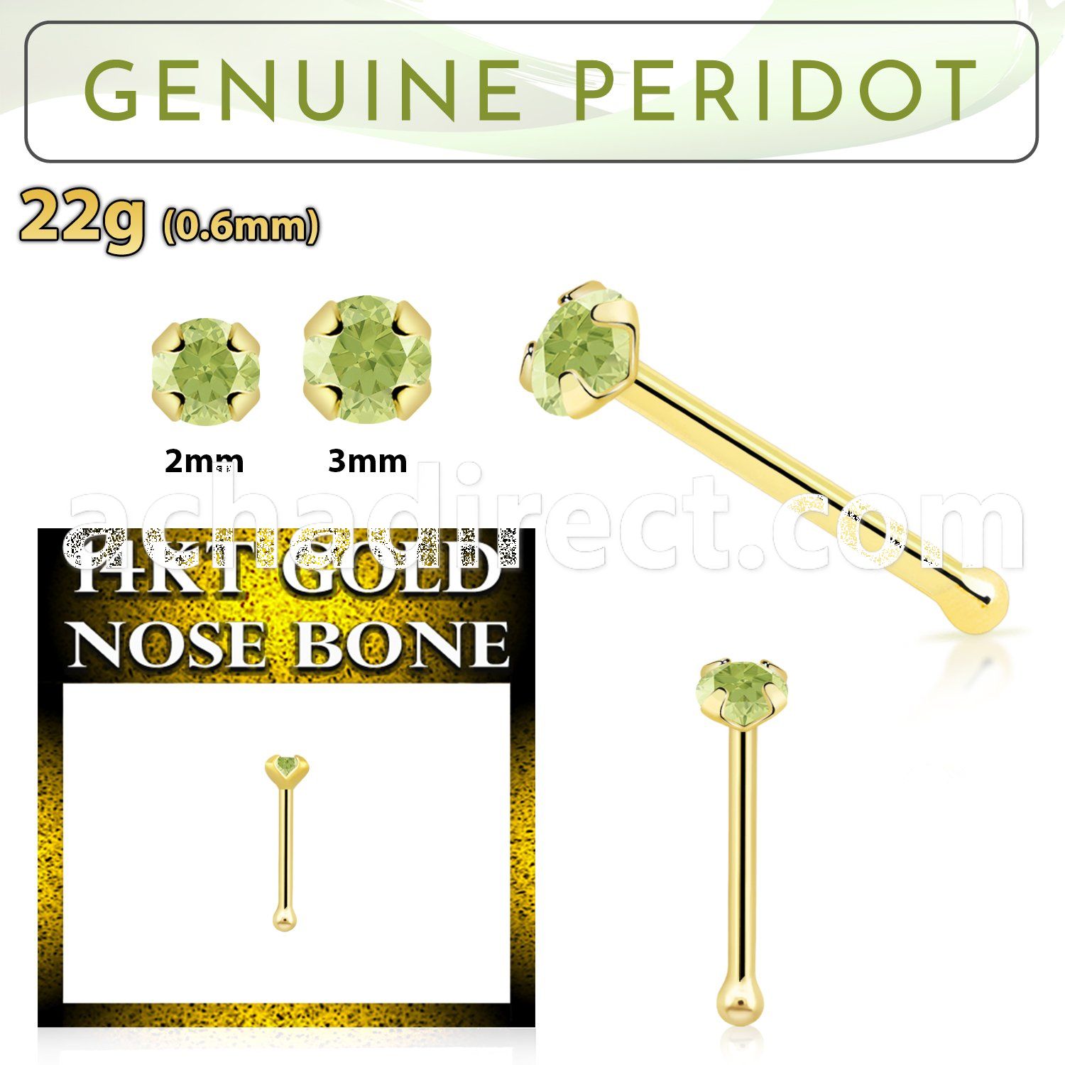 gnbge4 14kt gold nose bone with a 2mm prong set peridot