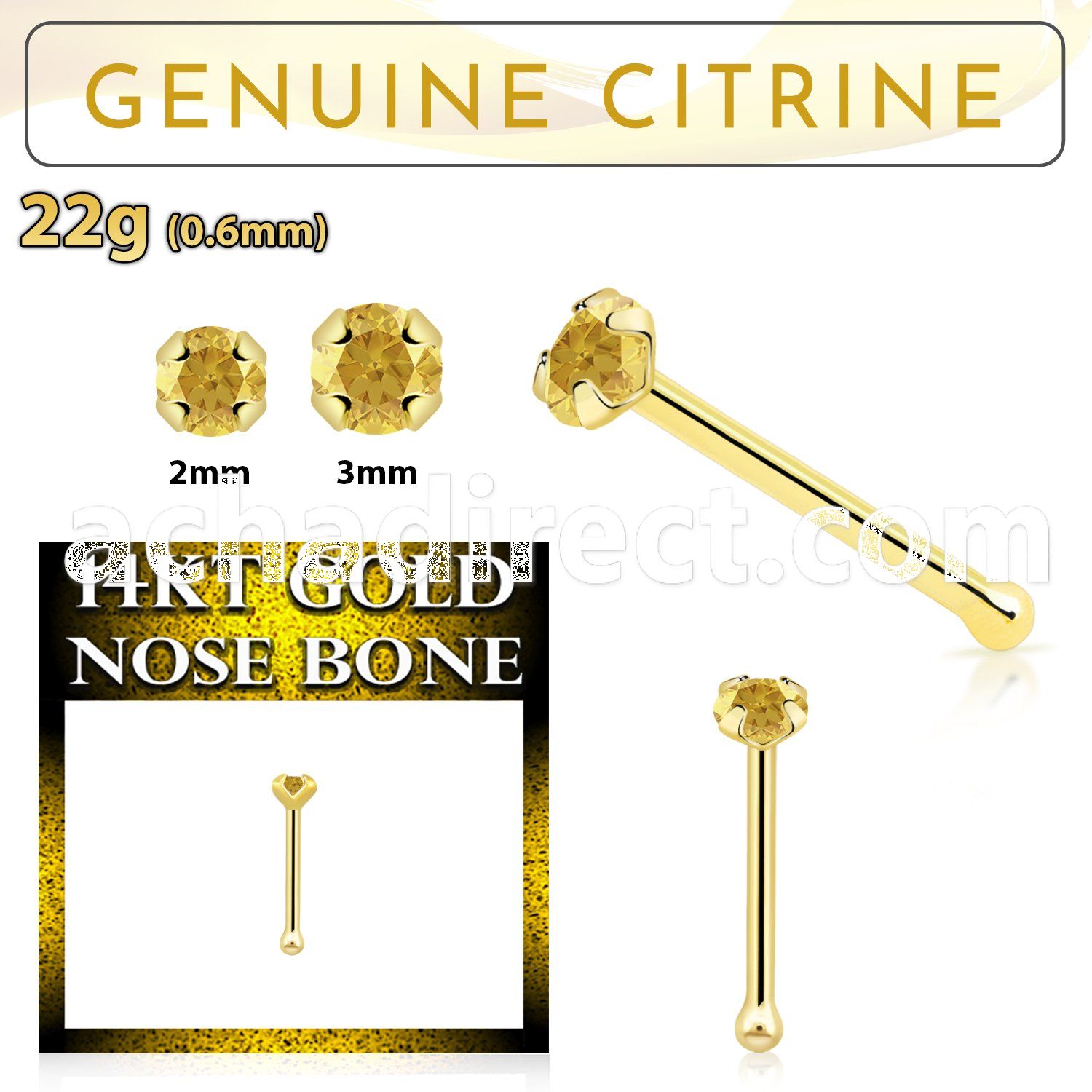 gnbge6 14kt gold nose bone with a 2mm prong set citrine stone